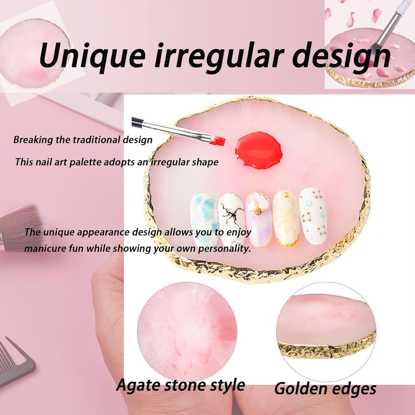 Makeup Palette Tray, Nail Tech Bag, Resin Nail Art Palette Makeup Mixing Palette Gold Edge Nail Art Tools Gel Design Nail Tray DIY, Mixing Palette, Nail Palette (3.86 x 3.43inch Pink)