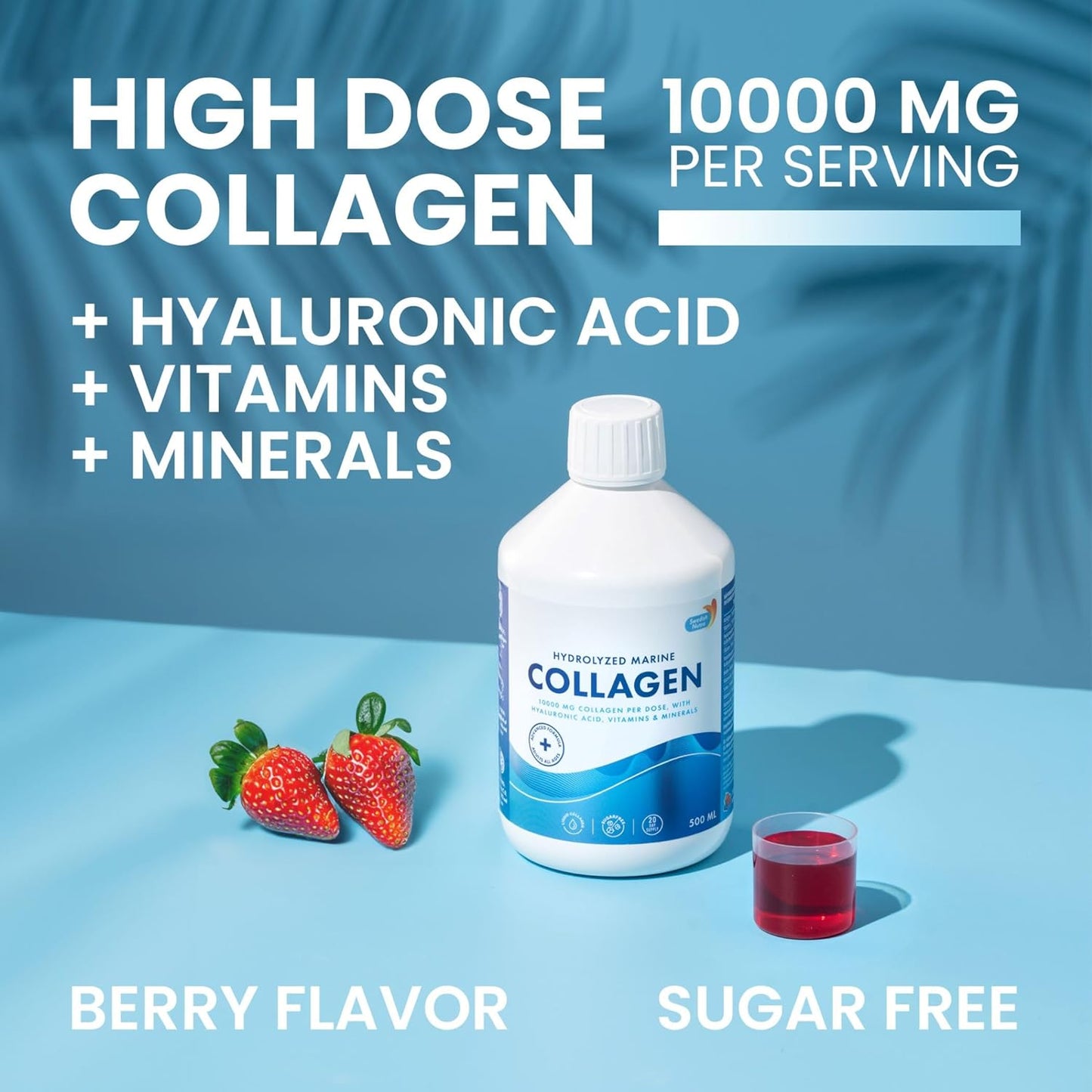 Swedish Nutra - 10,000 mg Hydrolyzed Marine Collagen Liquid Supplement - 500 ml, 20 Day Supply | Hyaluronic Acid, Biotin and Vitamin C to Support Healthy Hair, Skin, Nails and Joints | Sugar-Free