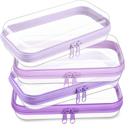 Hoolerry 4 Pcs Hard Clear Zipper Case Makeup Bags Plastic Pencil Pouch Transparent Storage Box Containers for Cosmetics, Snacks, Building Blocks, Puzzles(Purple,7.5 x 3.9 x 2 in)