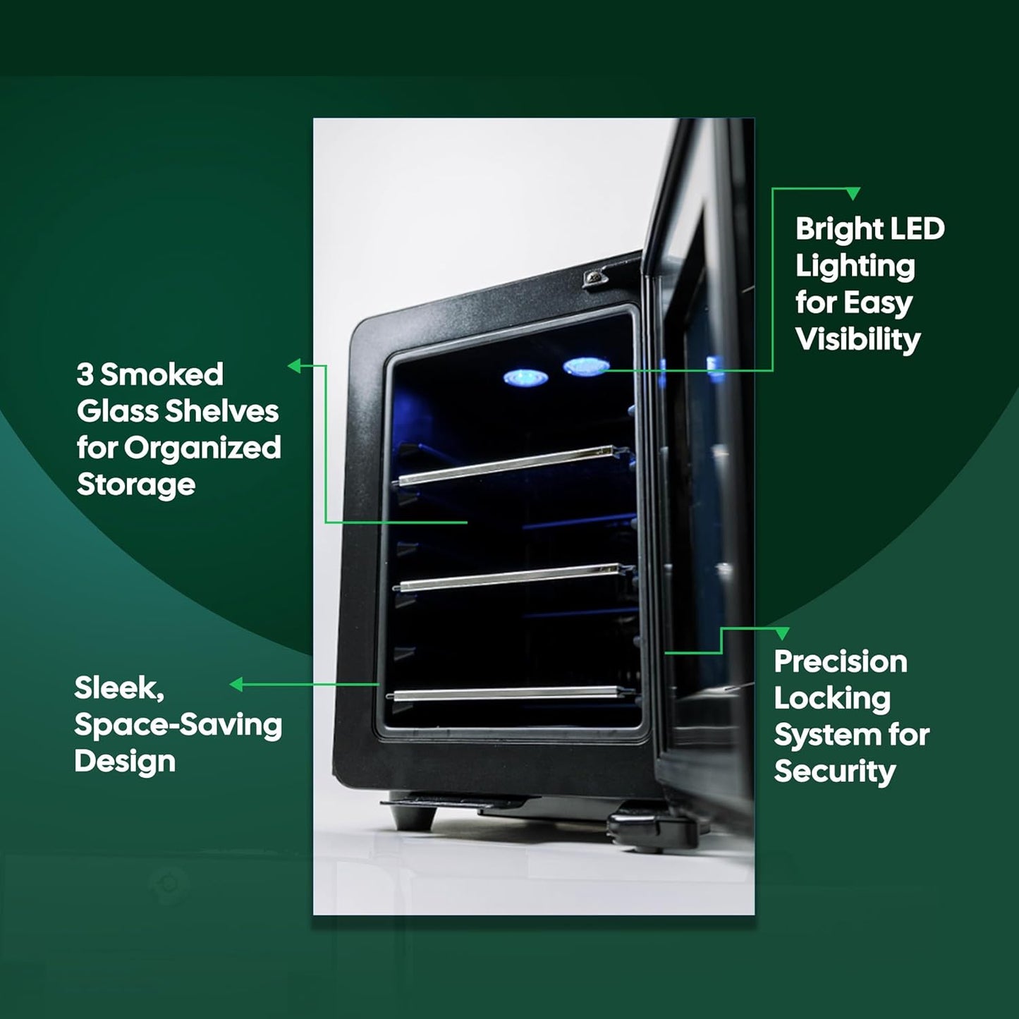 Essential Cooler Compact Portable Mini Fridge with Temp & Humidity Control, 3 USB Ports, Smoked Glass Shelves, Lockable UV Glass Door for Herbs, Oils, Cosmetics, and More