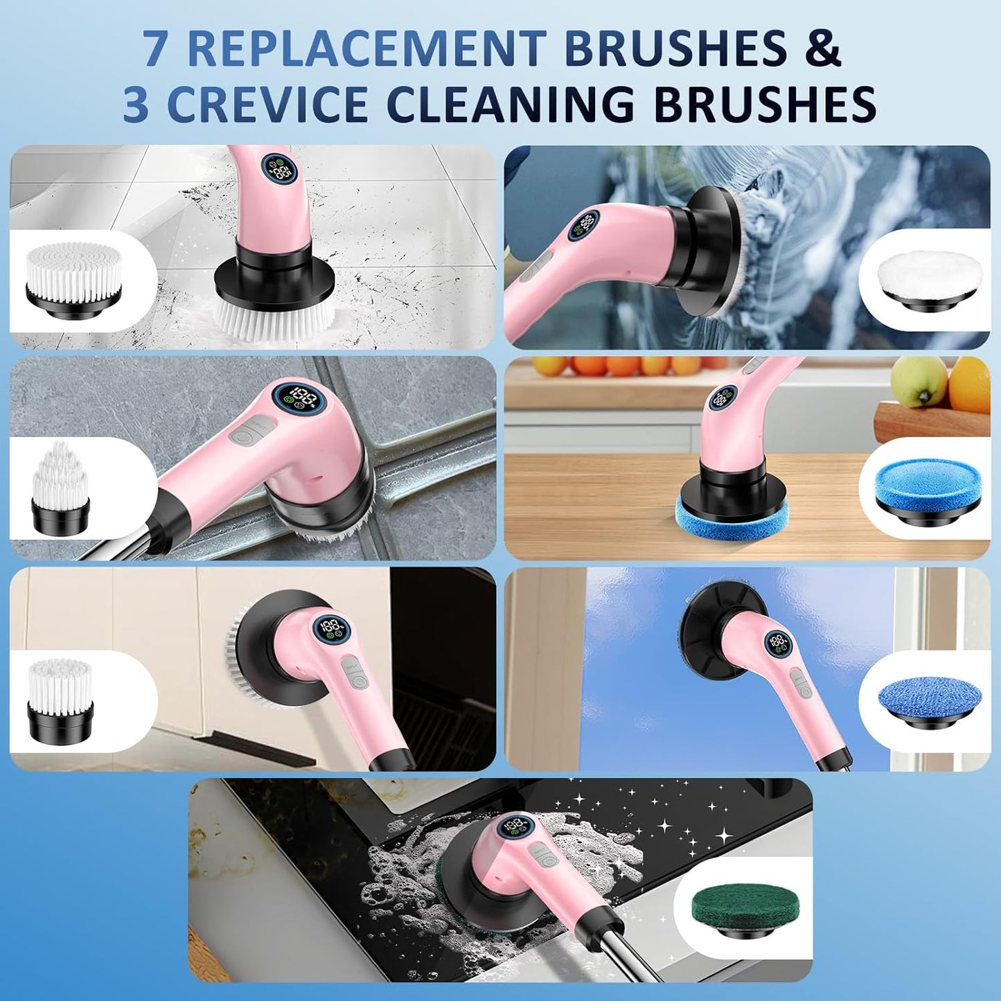 Electric Spin Scrubber Upgraded Battery with Extra-Long Runtime, IPX7 Waterproof Power Cleaner with 7 Brush Heads, 2 Speeds Adjustable Long Handle for Bathroom, Floor, Shower, Tile & Kitchen Cleaning