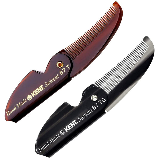 Kent 87T Combo Handmade Folding Pocket Comb for Men, Fine Tooth Hair Comb Straightener for Everyday Grooming Styling Hair, Beard or Mustache, Use Wet or Dry, Saw Cut Hand Polished, Made in England
