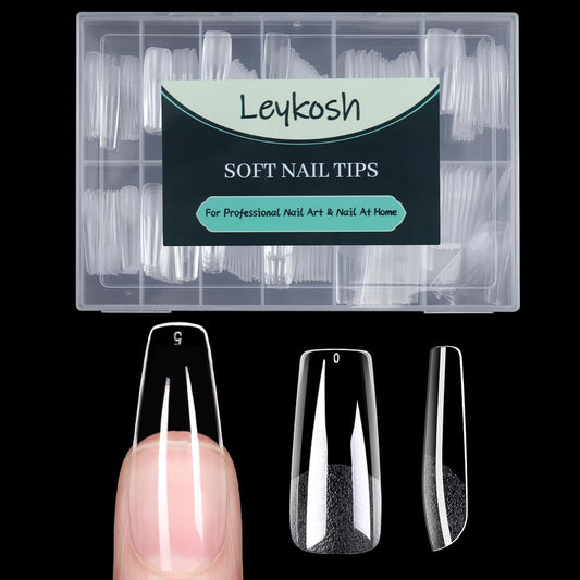 Long Square Nail Tips, 216pcs Acrylic Fake Nails Gel Nail Tips Soft, Full Cover Pre-Shaped Matte Clear Press on Nails for Extension, Diy at Home Manicure 10 Sizes
