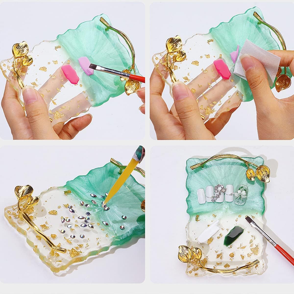 2023 Retro Nail Art Palette, Nail Painting Mixed Color Palette with Leaves Handle, Nail Holder Gel Color Makeup Display Board Pallet (Green)