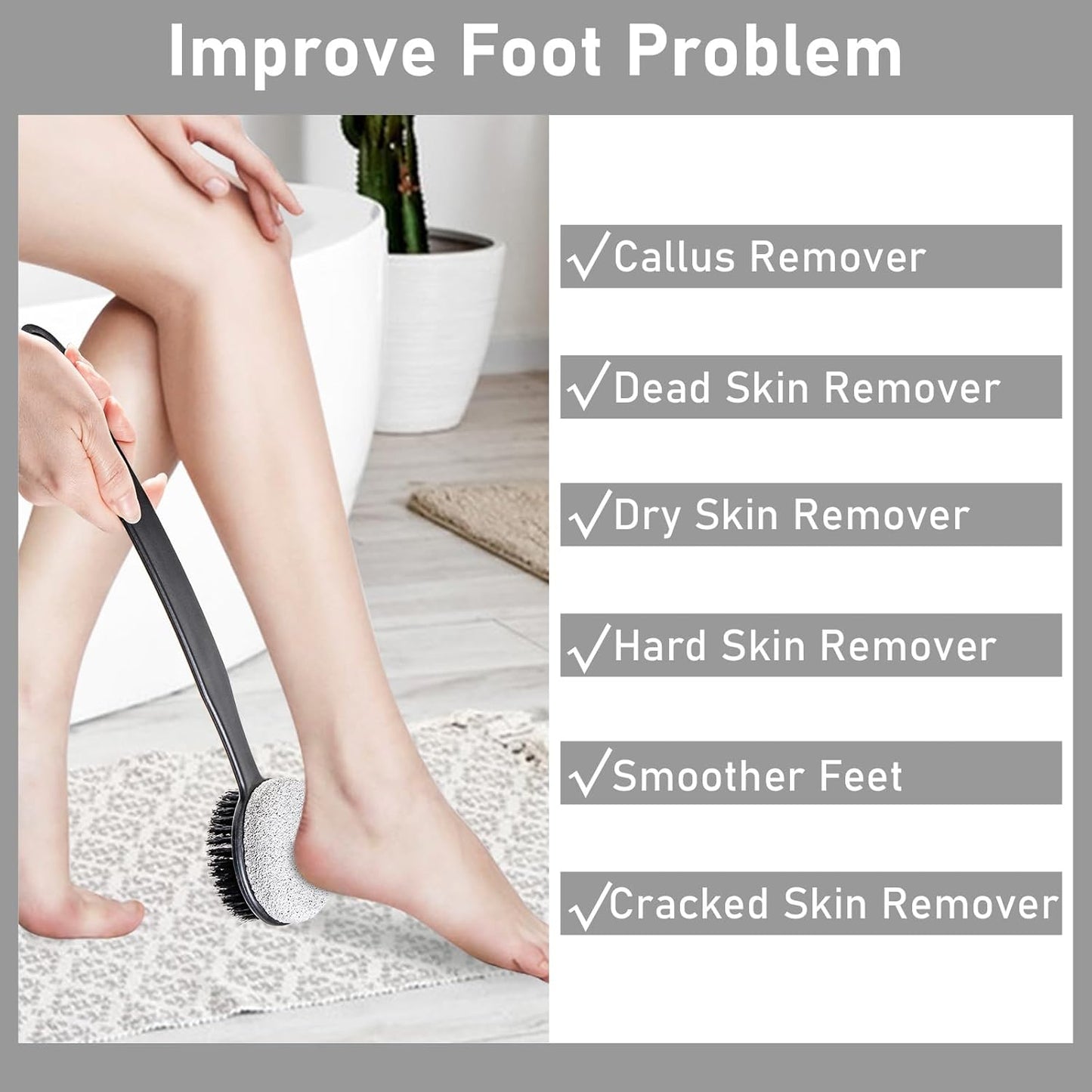 Pumice Stone for Feet with Long Handle (Double-Faced Curved Handle,Black, Count, 2.0)