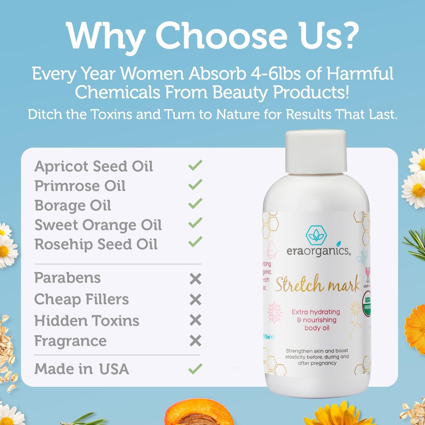 Era Organics Organic Stretch Mark Oil for Pregnancy - Extra Moisturizing Belly Oil for Pregnancy - Pregnancy Oil to Prevent Stretch Marks - Pregnancy Must Haves