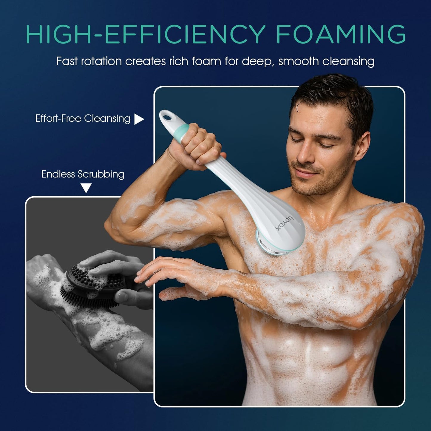 VOYOR Electric Silicone Body Scrubber, Back Scrubber for Shower, Waterproof Long Handle Body Brush, Rechargeable Power Bath Brush for Cleansing, Exfoliating, Massaging Skin BC100 (Blue)