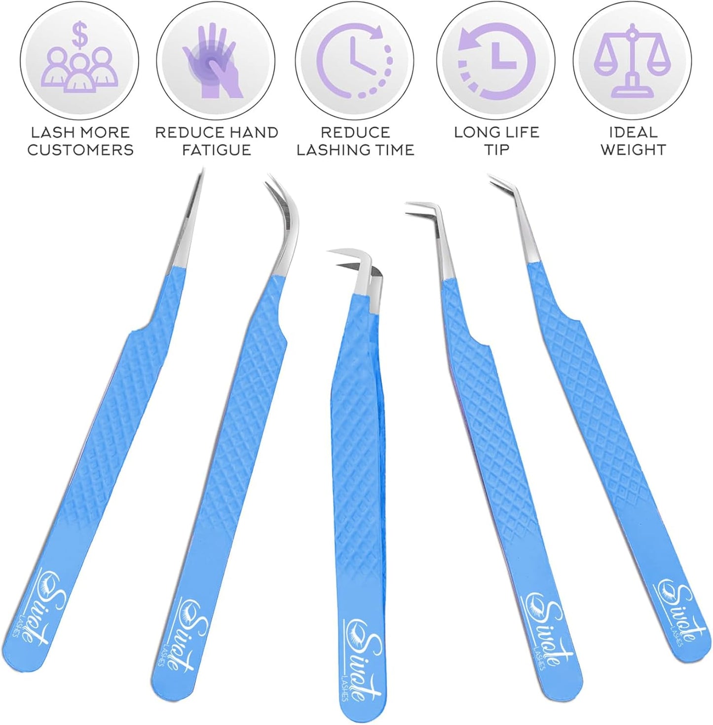 SIVOTE Lash Tweezers for Eyelash Extensions, Pack of 5 Blue – Lash Extension Tweezers Set with Diamond Grip, Precision Fiber Tip for Volume Tweezers Eyelash Extensions