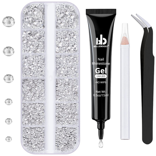 Nail Art Rhinestone Glue Gel&1 Box Flatback Gems Kit, 1 Tube of 15ml Rhinestone Gel Glue(UV/LED Needed)+Round Glass Crystal Clear Gemstones with Pickup Tools