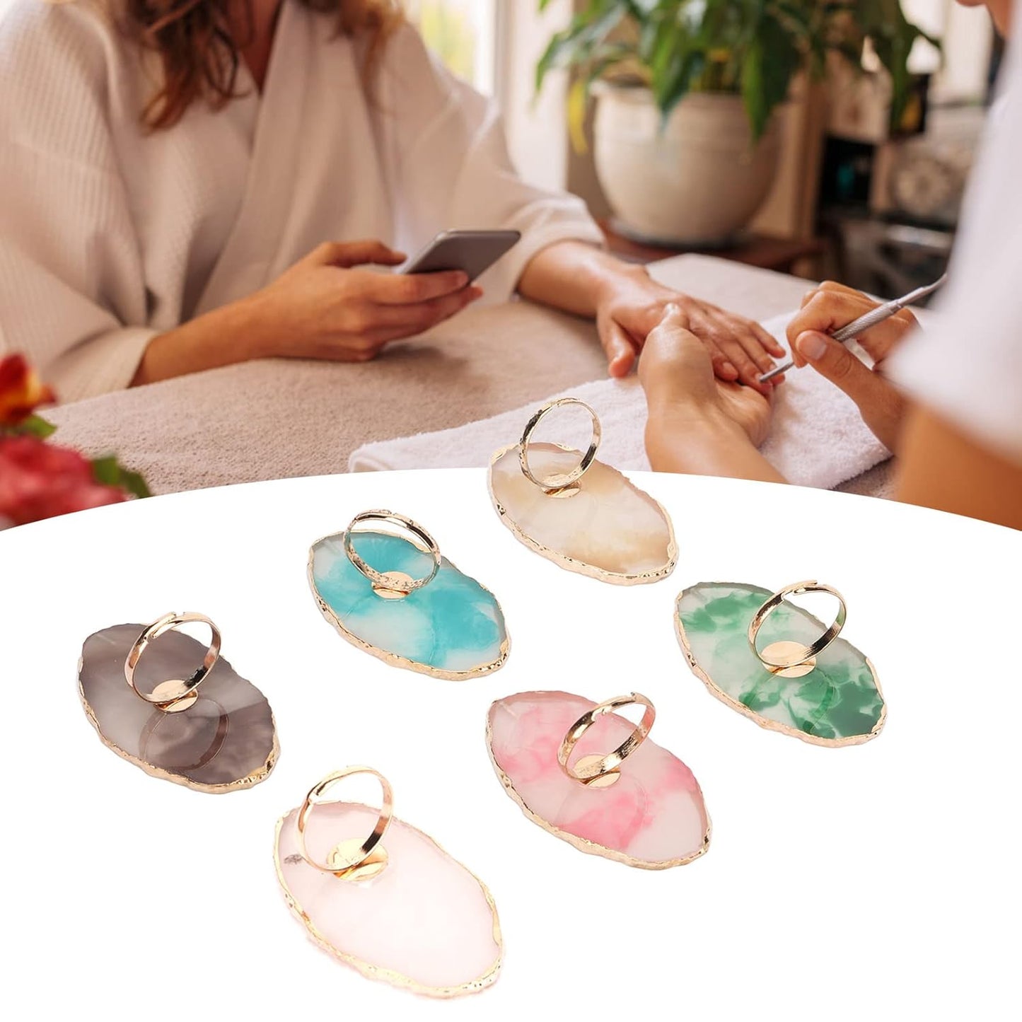 Nail Art Palette, 6pcs Wearable Soft Resin Nail Art Palette Ring, Resin Nail Art Palette Compatiable for Make-Up Beginners and Make-Up Schools