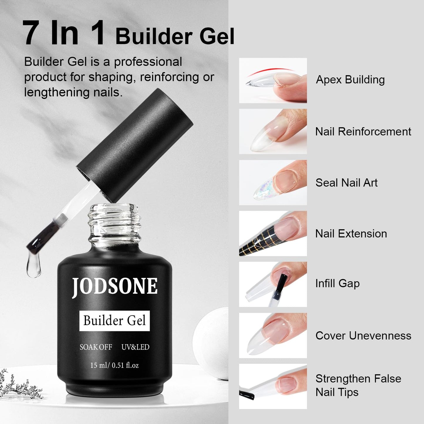 JODSONE 15ML Base Coat Top Coat and Builder Gel 3 PCS Gel Polish for Salon and Home Use