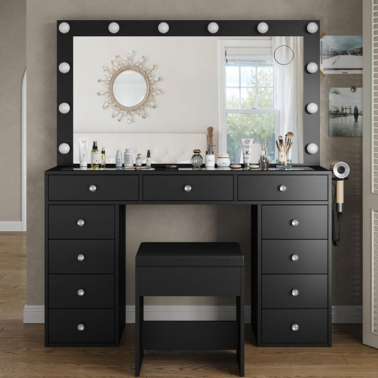 Vanity Desk & Power Outl, Makeup Table with Mirror and 12 LED Lights, Makeup Table with 11 Drawers, 3 Lighting Modes Brightness Adjustable(Black)
