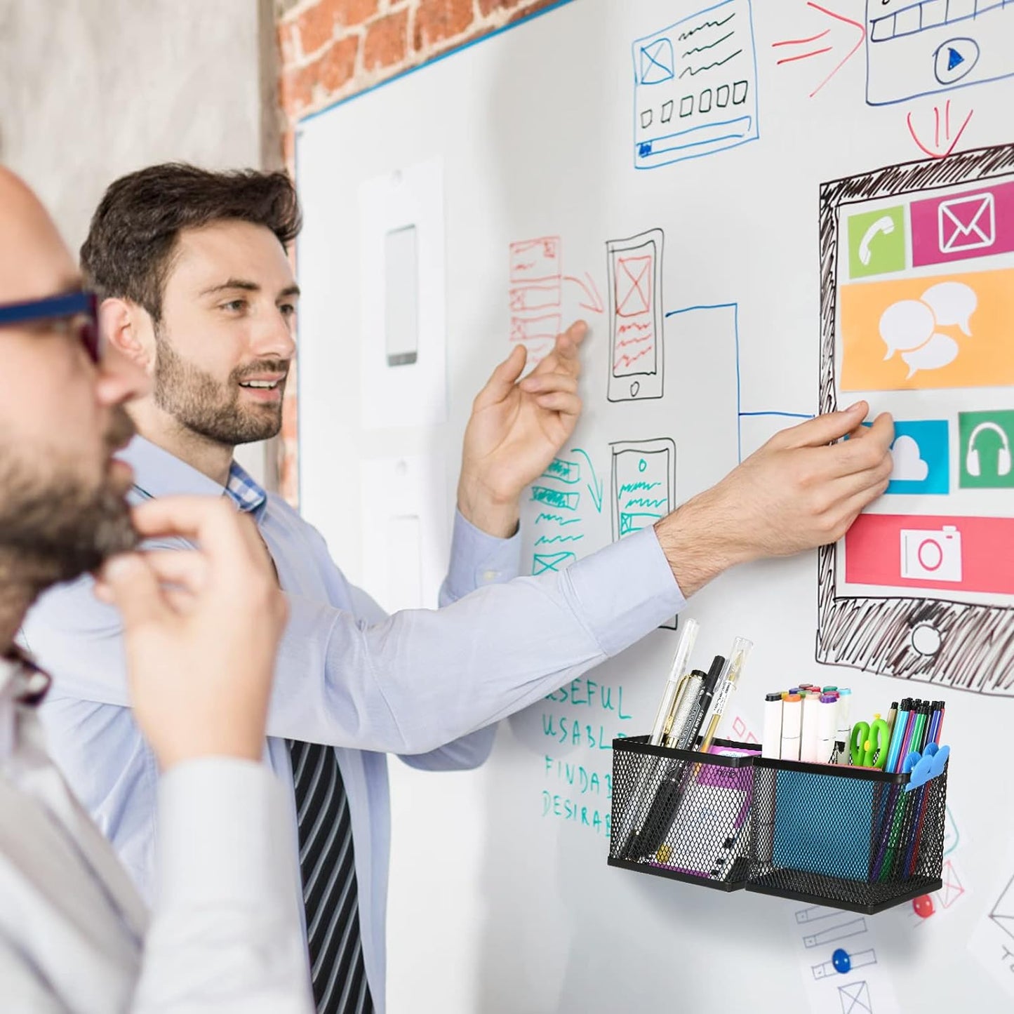 Neudeco Magnetic Pencil Holder, Locker Shelf Organizer, Metal Storage Basket for Whiteboard, Refrigerator, Ideal Cabinet for School, Black (Pack 4)