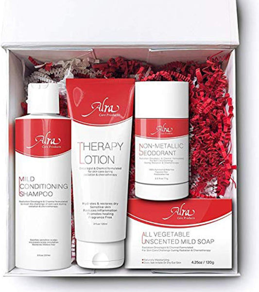 Alra Chemo & Radiation Kit Therapy Skincare Bundle (4-Piece Set) Deep Moisturizing Lotion, Mild Soap, Conditioning Shampoo, Non-Metallic Deodorant | Natural, Soothing Wellness for Cancer Patients