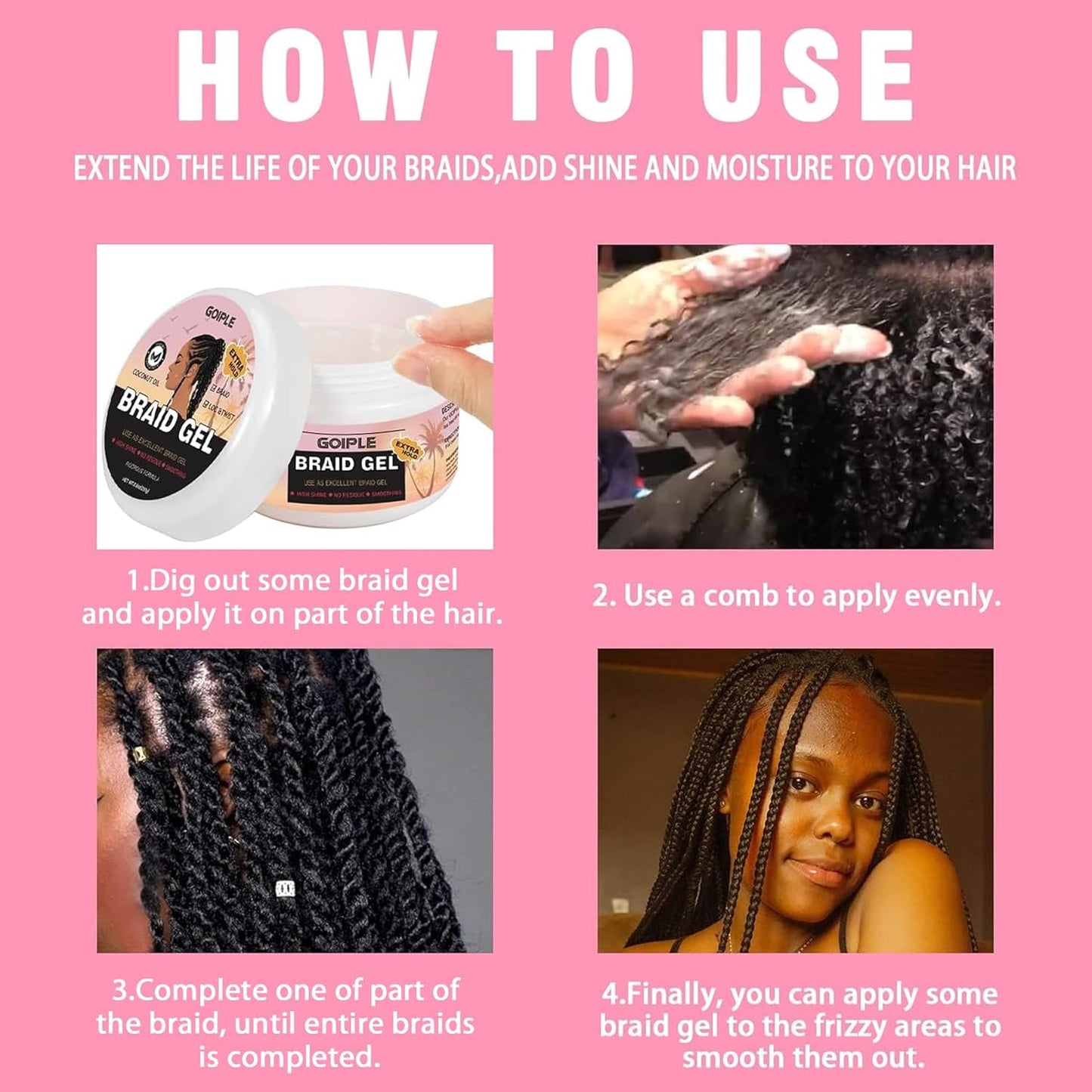 Braid Gel Good for Twist, Locs, Braids, Edge No Flake Extra Hold High Shine Braiding Gel & Edge Control, Loc Gel Long Lasting for Locks, Cornrows Smooths & Tames Frizz 8.8oz (Strawberry Flover)