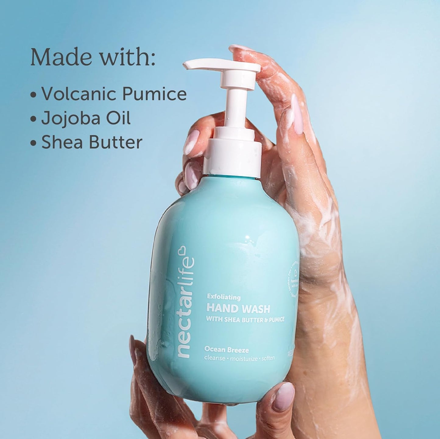 Nectar Life Exfoliating & Moisturizing Hand Wash, Volcanic Pumice for Hand Scrub, Shea Butter Softens Hands, Clean Vegan Ingredients. Ocean Breeze Scent