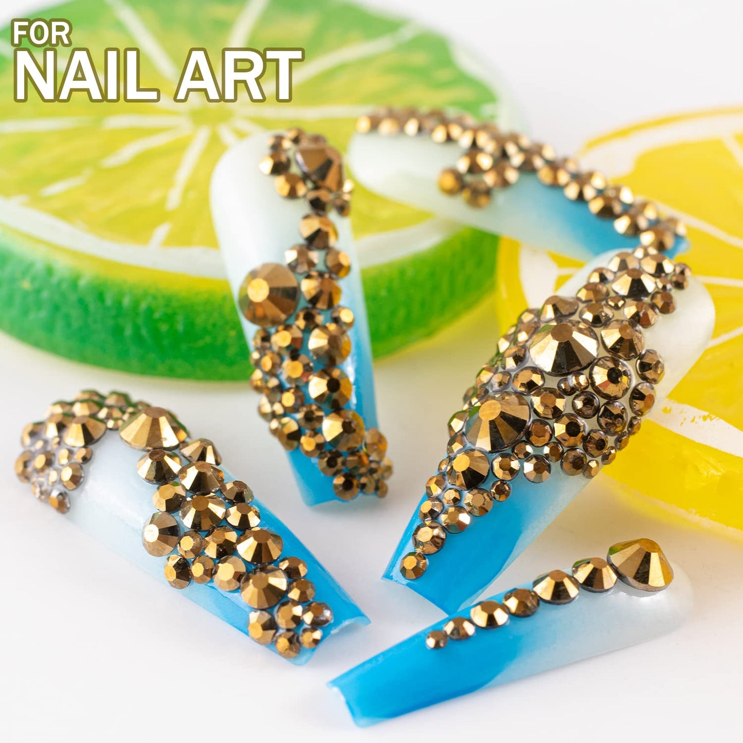 One Pack 2000 Pcs of Flatback Round Mineral Gold Rhinestones 6 Sizes (1.5-6 mm) with Nail Art Rhinestone Picker Pencil and Tweezers for DIY and Salon Use