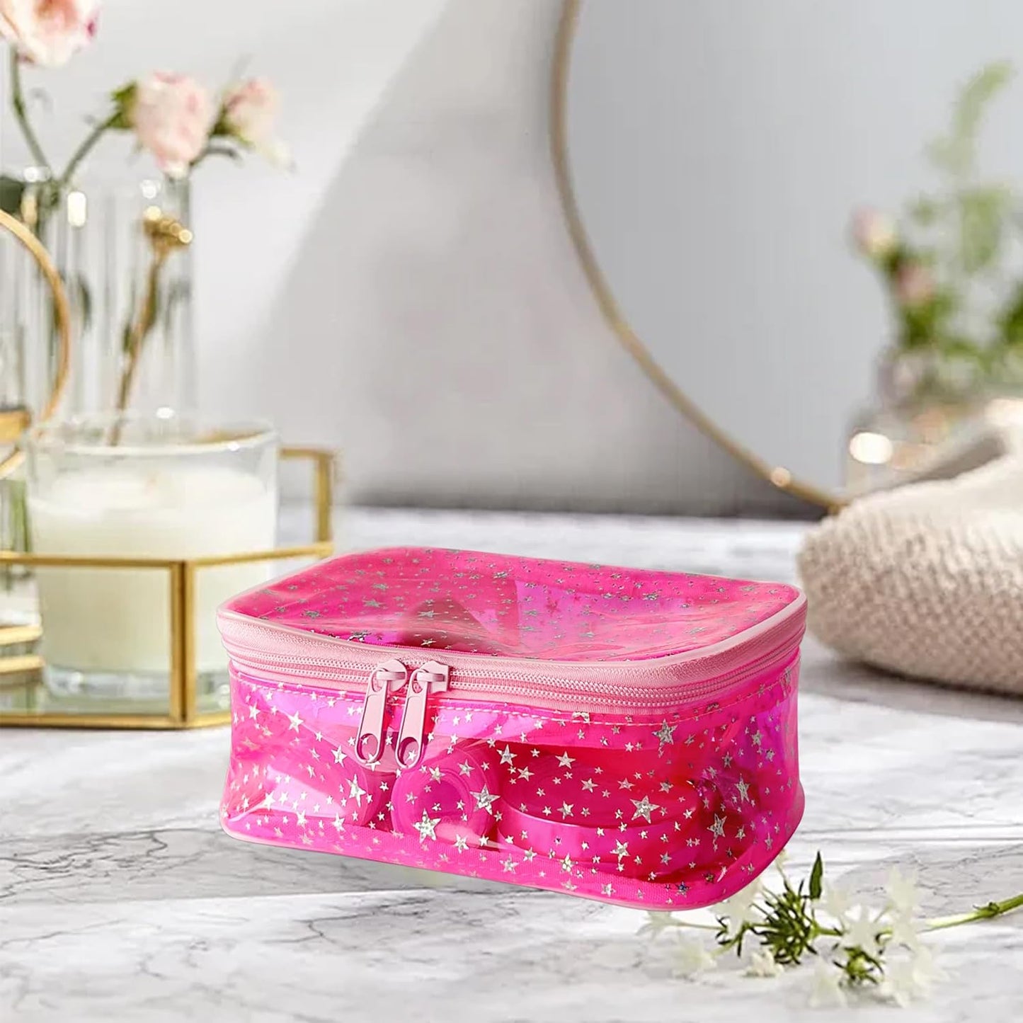 Holographic Makeup Bags Bulk,Clear Storage Bag Toiletry Pocket Portable Zippered Iridescent Pouch Waterproof Cosmetic Gift Bags for Women (Pink)