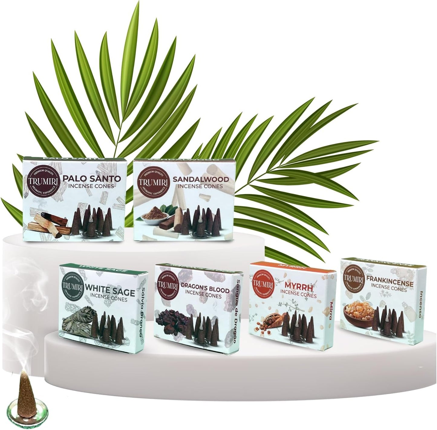Trumiri Woody Incense Cones - Variety Pack - Total 60 Cone Incense (6 Scents x 10 Conos) - White Sage, Palo Santo, Dragons Blood, Sandalwood - Inscents-Cones Scented - Insense Cones - Incent Cone