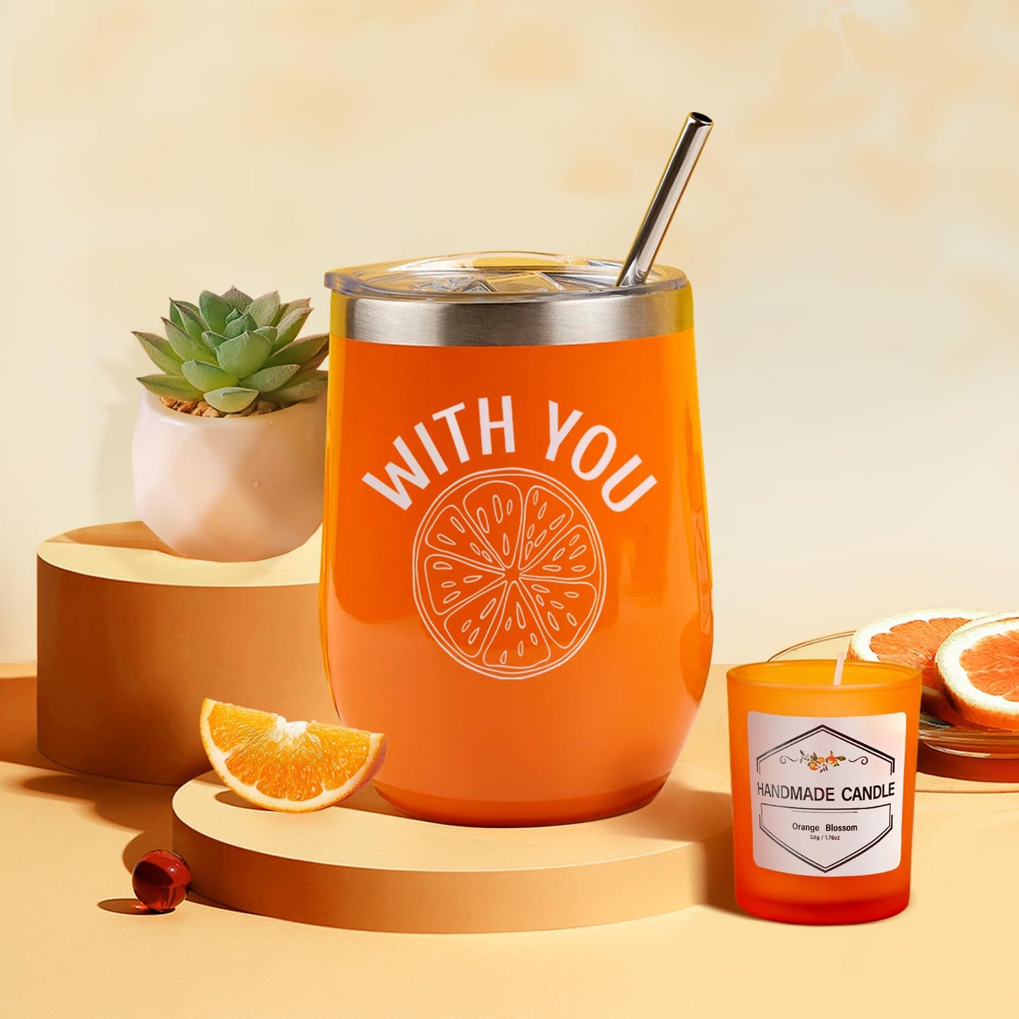 Orange-Themed Spa Gift Basket for Women - Self-Care Package, Birthday Box with Handmade Soap, Candle, Bath Bomb, Headband, and Towel