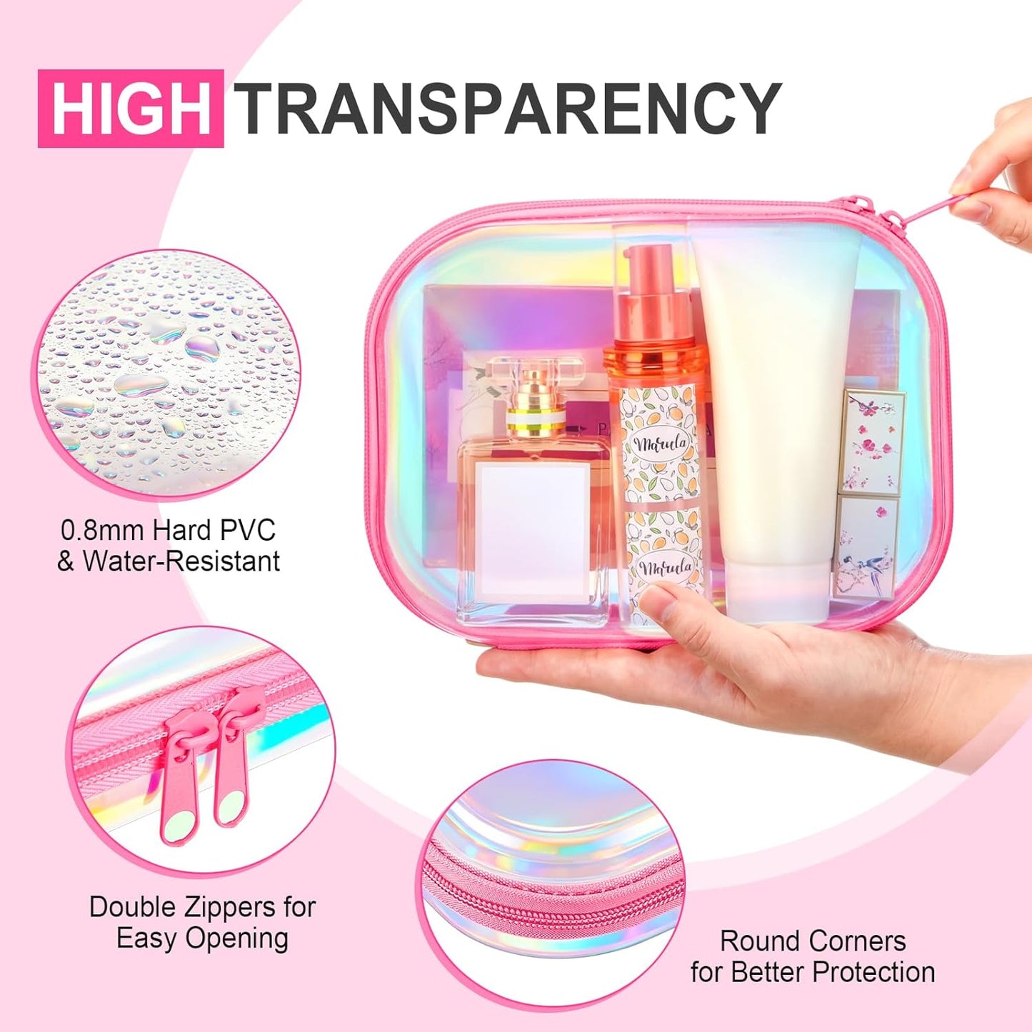 Sanwuta 6 Pcs Clear Hard Zipper Case Pencil Pouches Hard Plastic Zipper Pouches Makeup Bag Transparent Cases for Snacks Plastic Storage Organizer Box for Travel(Holographic,7.87 x 5.9 x 2 Inch)