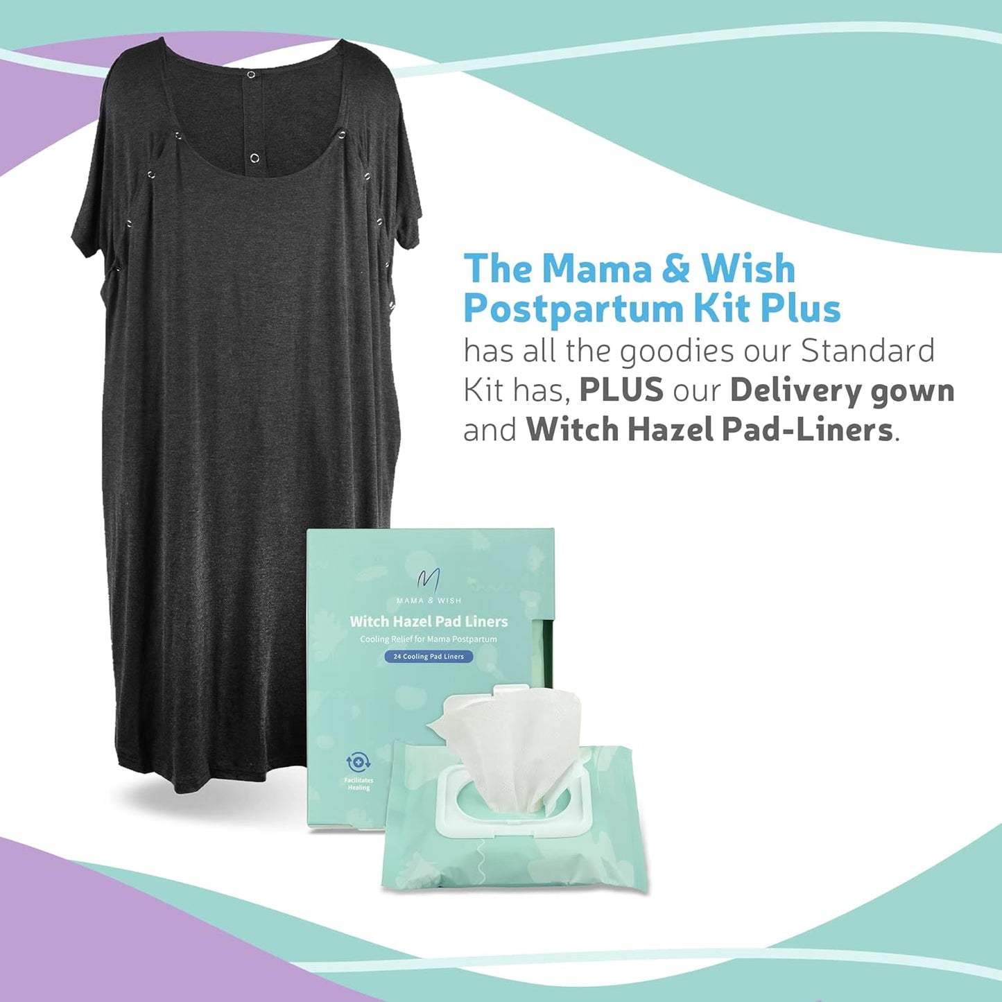Postpartum Care Kit for Mom (14-Piece) - Includes Labor and Delivery Gown, Peri Bottle, Witch Hazel Foam, Pad Liners & More! with Hospital Essentials for Women After Birth