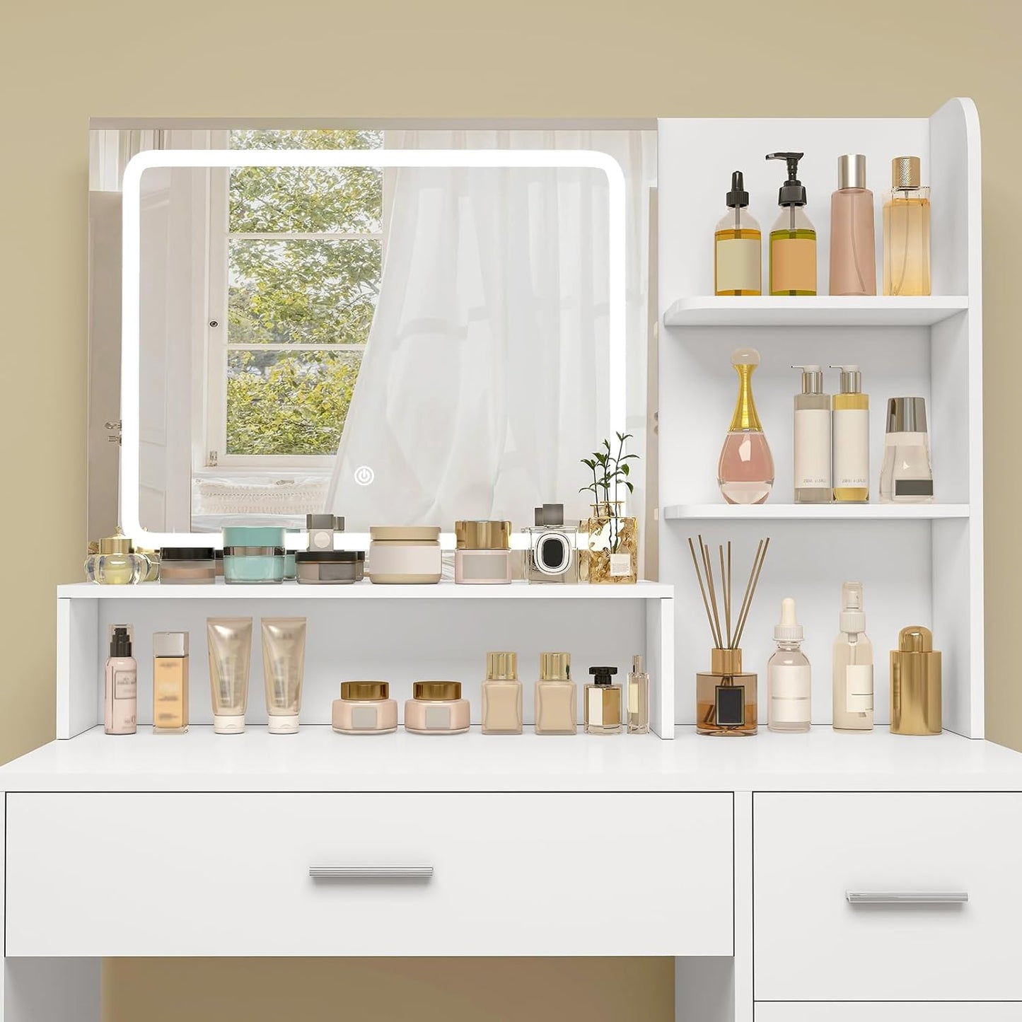 Quimoo Makeup Vanity Desk with LIighted Mirror, Vanity Desk with 5 Drawers & Storage Shelves, Vanity Table, 3 Color Modes & Adjustable Brightness Dressing Table, Bedroom