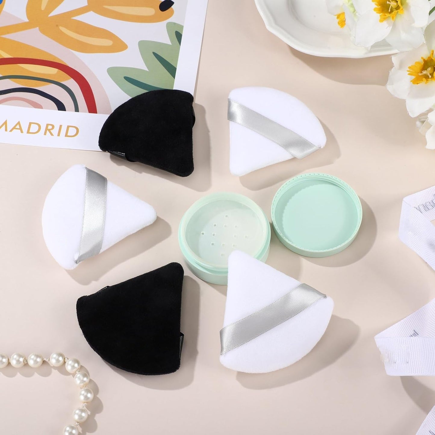 Suclain 48 Pcs Velour Triangle Powder Puff Soft Velour Makeup Puff for Face Powder Makeup Triangle Sponges for Wet and Dry Cosmetic Foundation Loose Mineral Body Makeup Tool(Black, White)