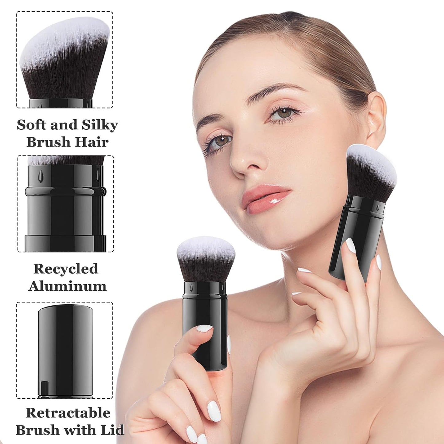 Falliny Retractable Makeup Brush, 2 Pack Travel Kabuki Face Blush Brush, Portable Powder Foundation Sunscreen Brush with Cover for Blush, Bronzer, Buffing, Flawless Powder Cosmetics