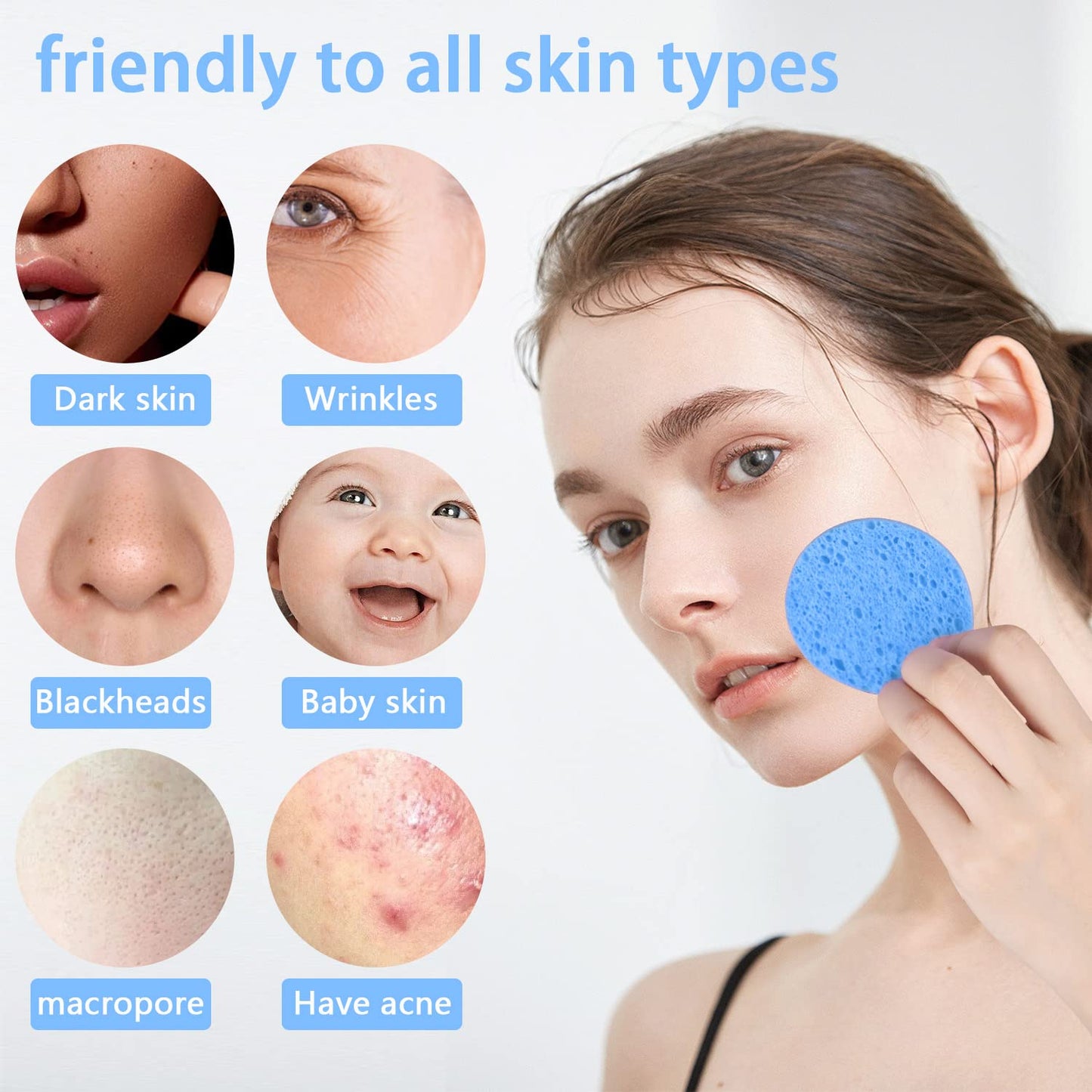 100-Count Facial Sponges Compressed Natural Cellulose Sponge Round Shape Face Sponge for Face Cleansing Exfoliating and Makeup Removal, Blue