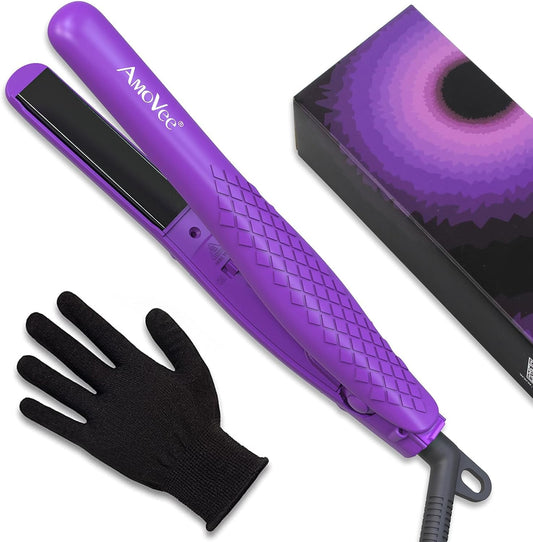 AmoVee Mini Flat Iron, 0.7 Inch Mini Hair Straightener, Small Flat Iron for Short Hair,Curls Bangs, Dual Voltage Travel Hair Straightener（Purple）