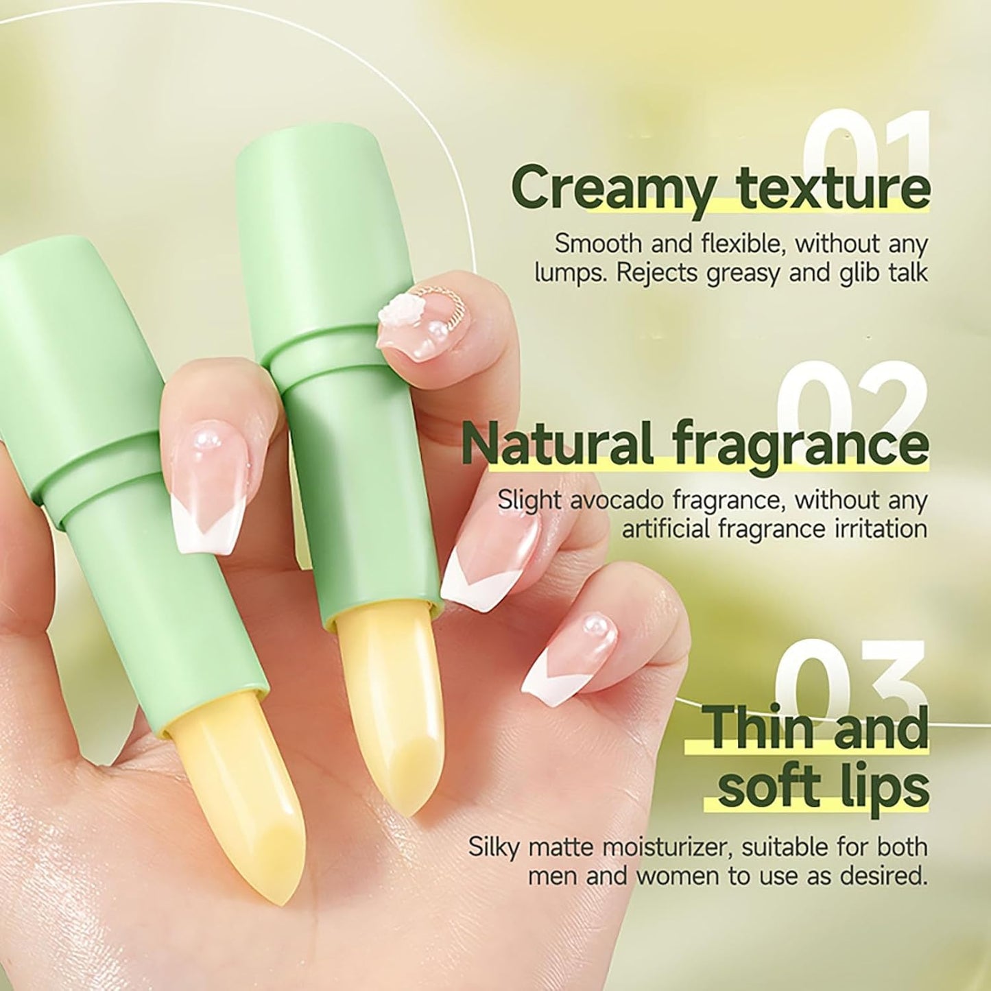 2 Pack Hyaluronic Acid Lip Balm, Avocado Moisturizing Lip Balm for Prevents Dry, Reduces Lip Lines Refreshing Soothing for Lip Softening & Hydration