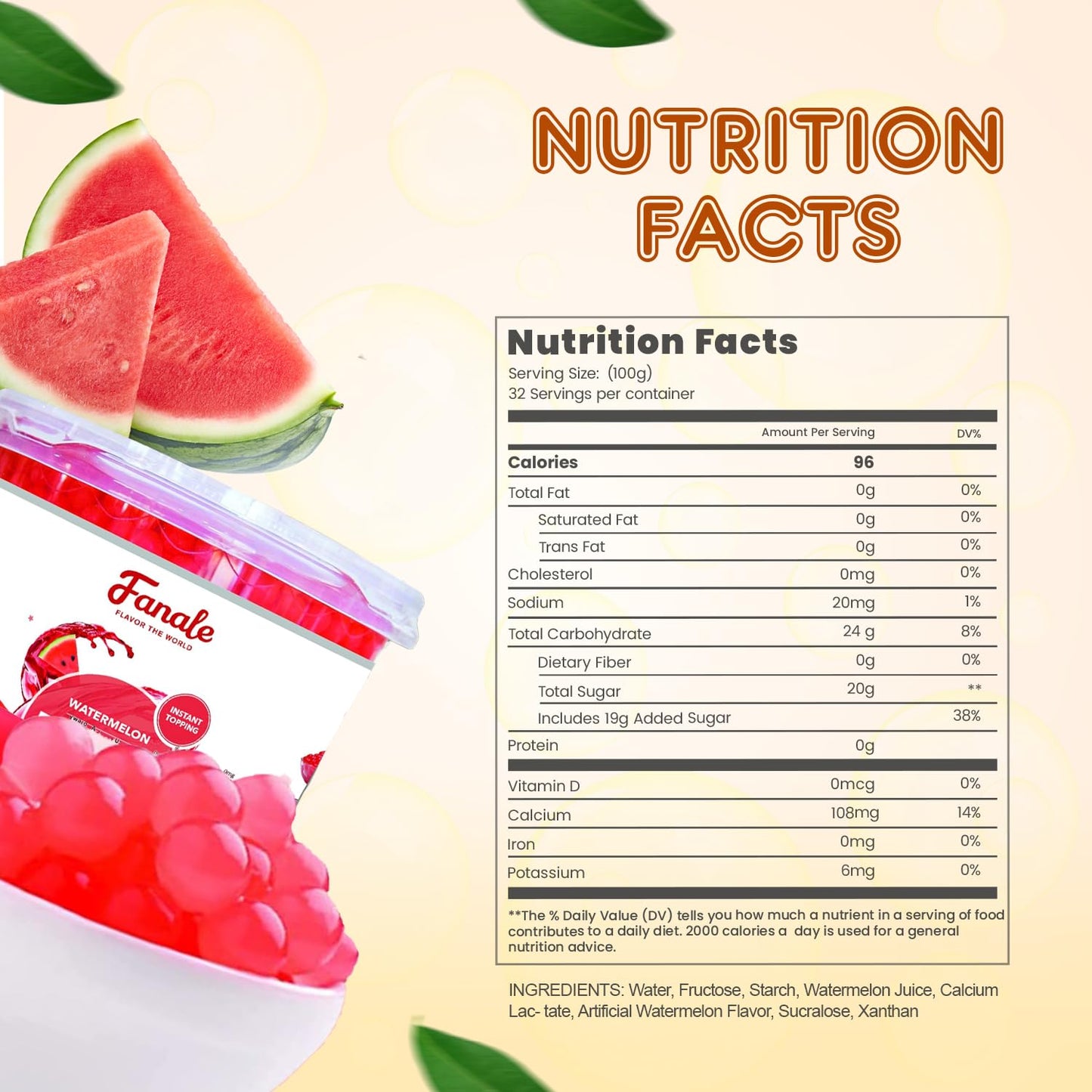 Fanale Watermelon Popping Boba Pearls, Vegan, Non GMO, Gluten Free, Fat Free, Perfect for Bubble Tea, Smoothies, Ice Cream, Desserts, and Beverages.