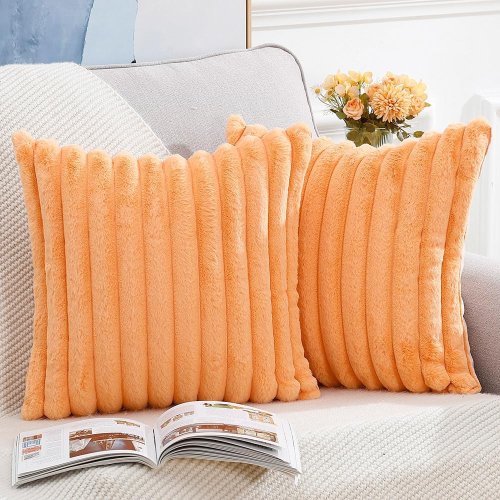 MADIZZ Set of 2 Faux Wool Plush Decorative Throw Pillow Covers 18x18 Inch Orange Fluffy Striped Soft Decorative Cushion Cover for Sofa Bedroom Pillow Shell