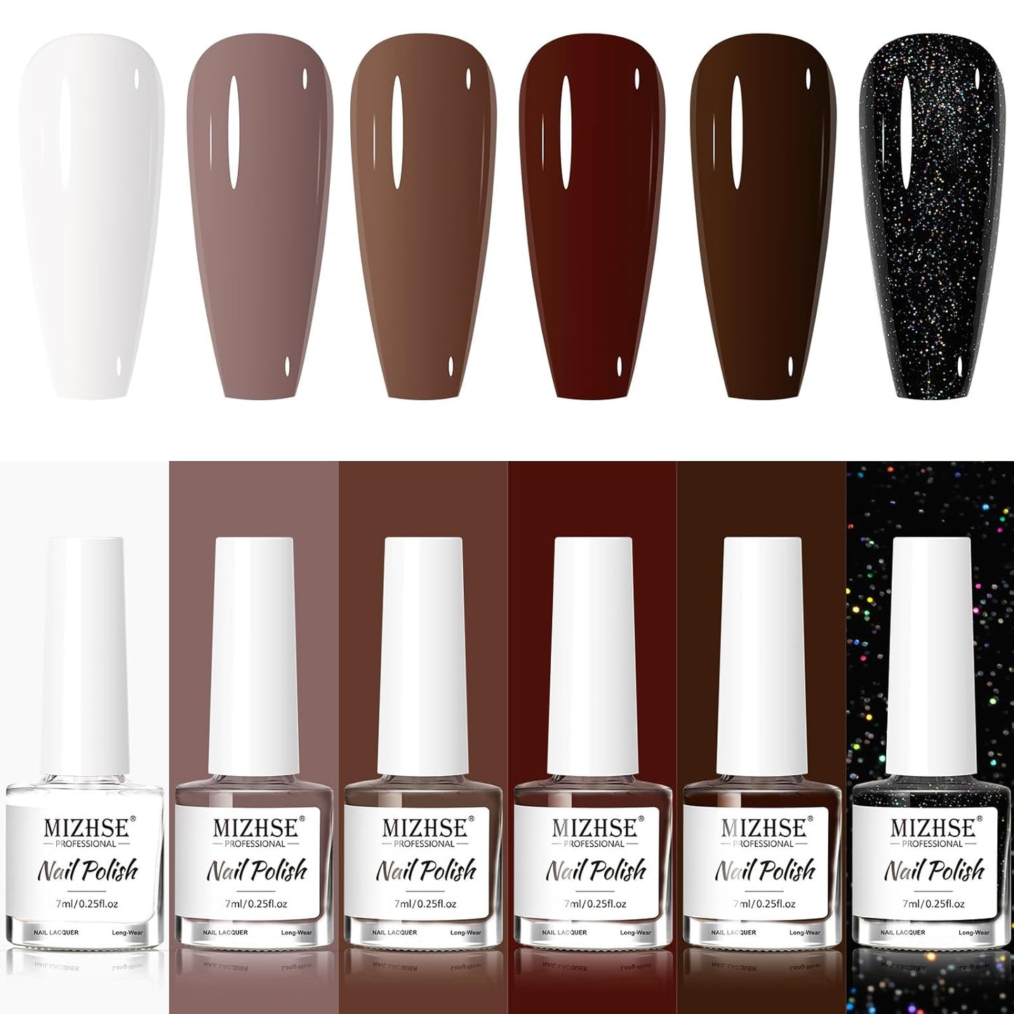 MIZHSE Brown Nail Polish Set - 6 Colors Nude White Glitter Winter Collection Quick Dry DIY Nail Art Salon Gift For Women