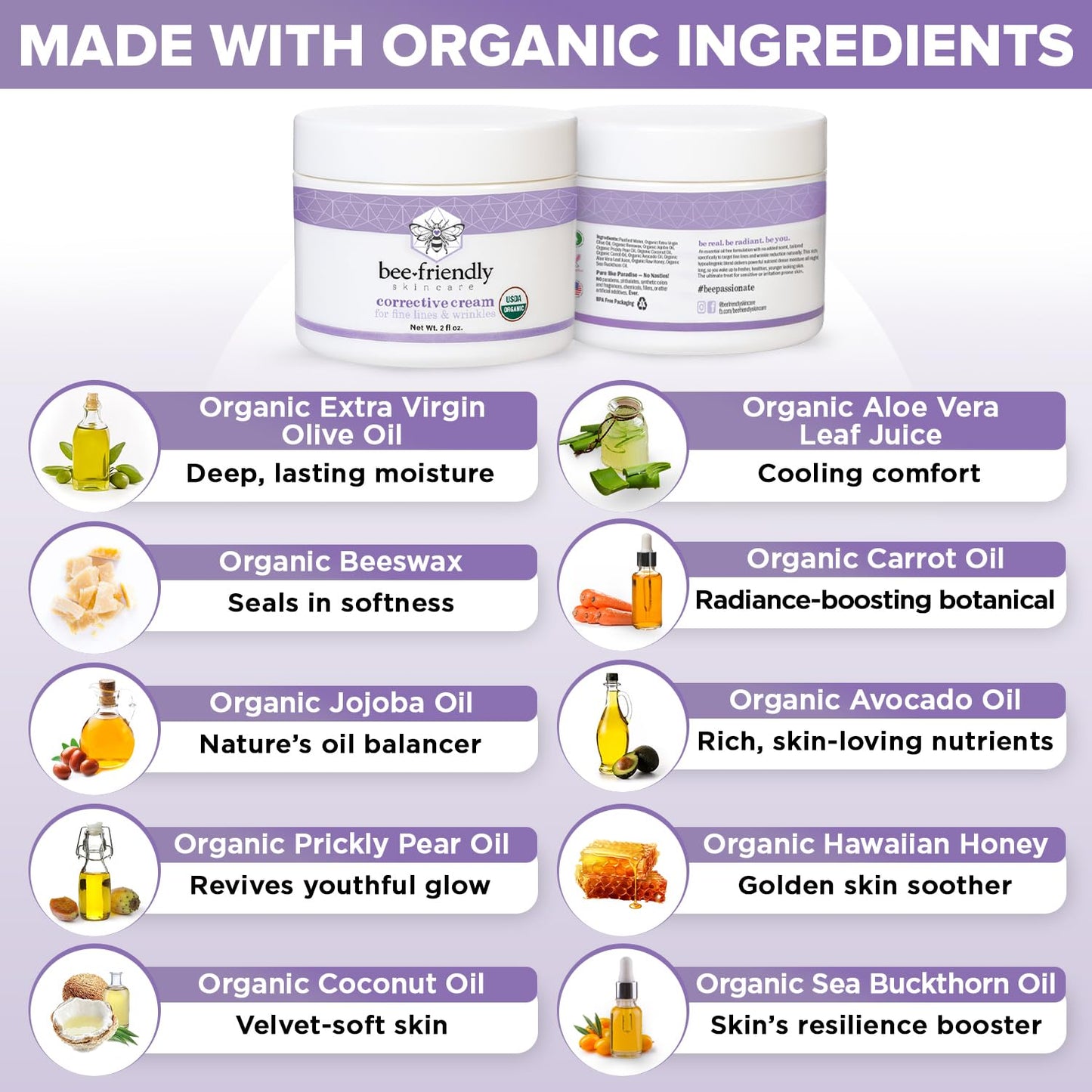 BeeFriendly Face Moisturizer Organic Corrective Cream, USDA Certified Rich Anti Aging Facial Night Cream For Sensitive Skin Aids With Fine Lines, Wrinkles, Crows Feet, Eyes, Face, Neck 2 oz