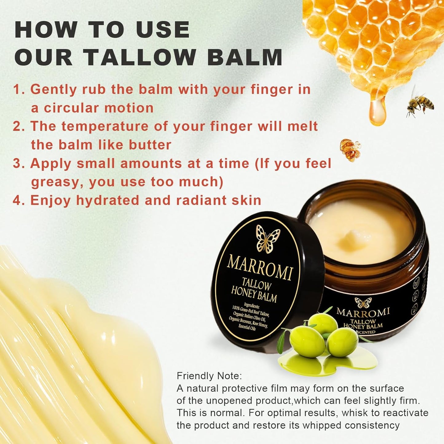 Marromi Beef Tallow for Skin, Tallow Honey Balm, Organic Grass-Fed Beef Tallow Balm with Raw Honey, Natural Soothing Moisturizing (Unscented)