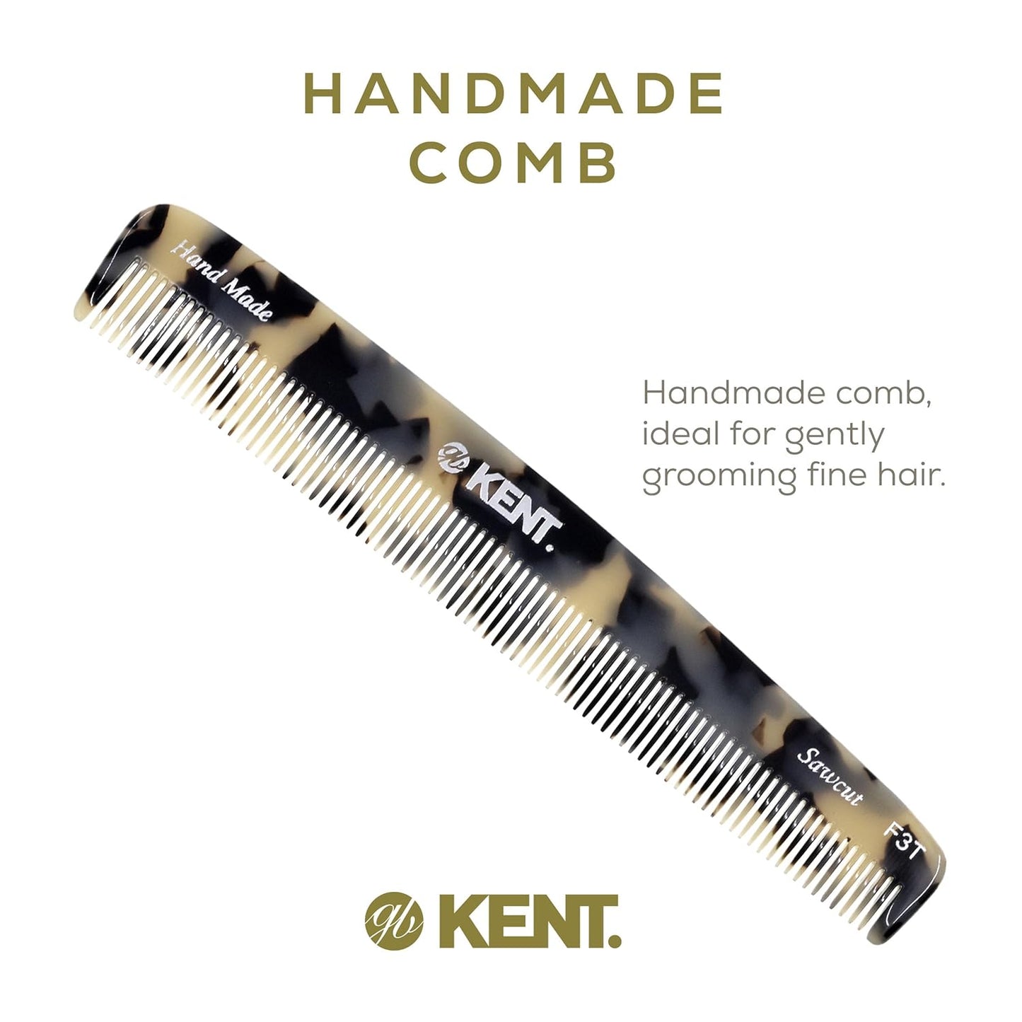 Kent F3T TW Fine Tooth Comb - Hair Parting and Straightening Comb for Men's & Women's Dandruff Remover, Saw Cut and Hand Polished Made in England