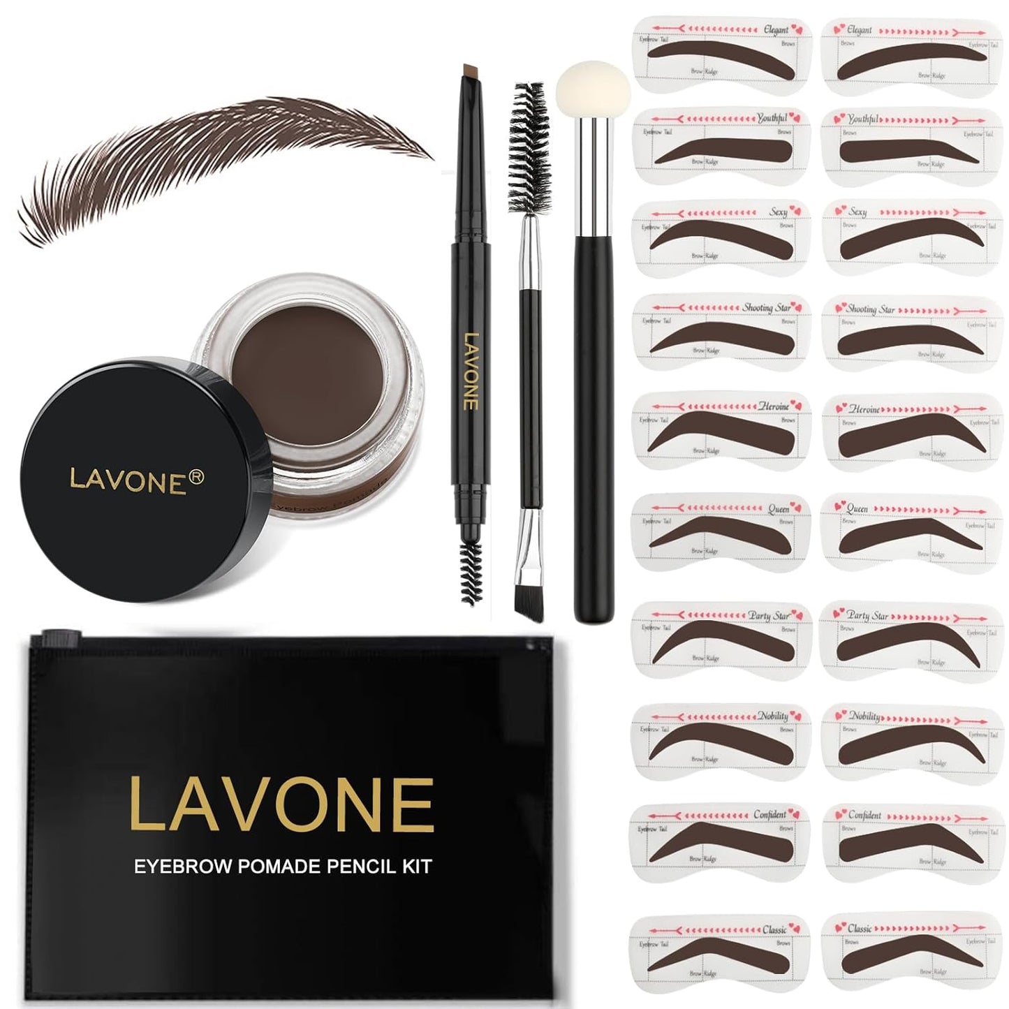 LAVONE Eyebrow Stamp Stencil Kit - Brow Stamp Trio with Waterproof Pencil, Pomade, 20 Stencils, Dual-ended Brush and Sponge Applicator - Dark Coffee