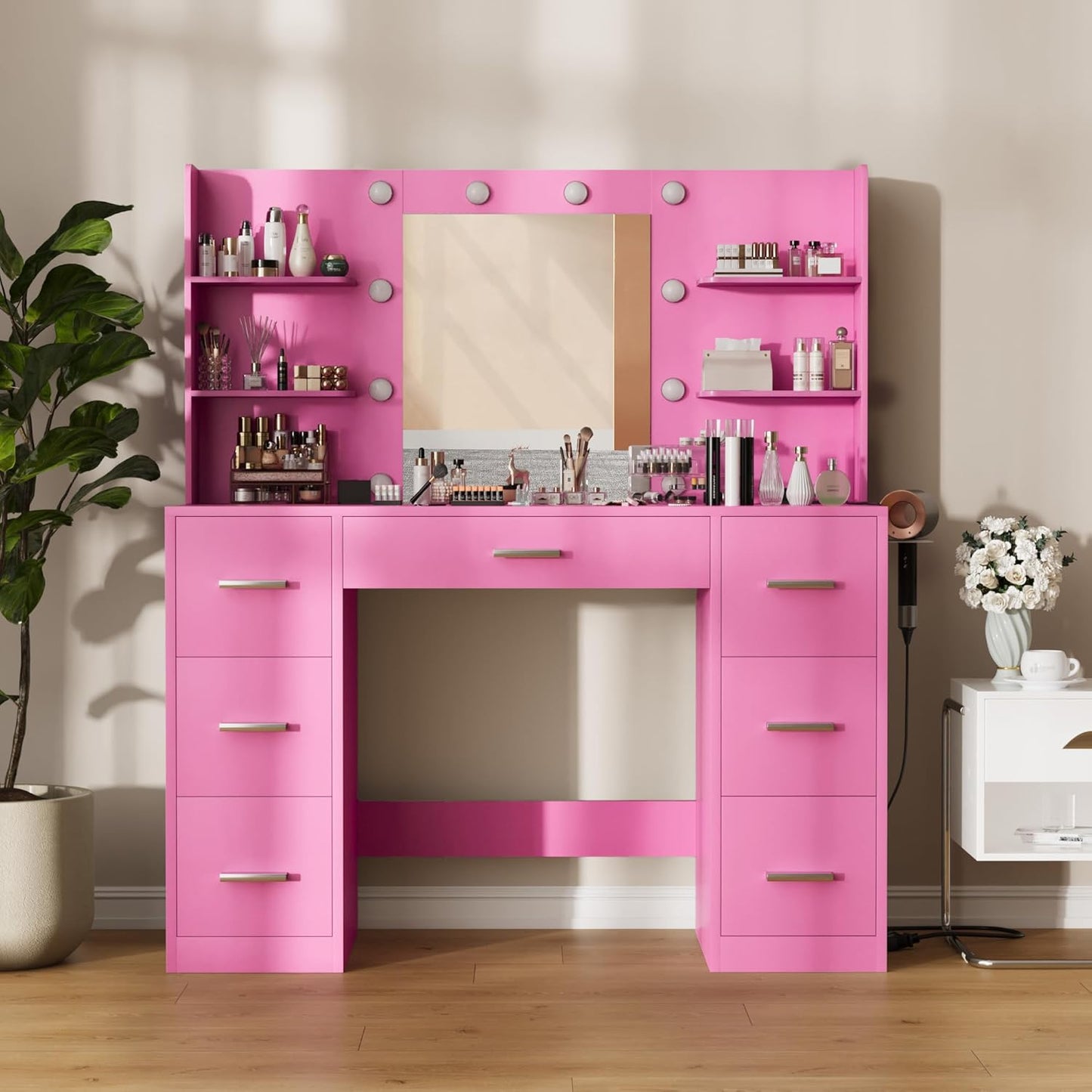 Furmax Vanity Desk with Mirror, LED Lights and Power Outlet Makeup Vanity Table with 7 Drawers and 6 Storage Shelves Dressing Table for Bedroom Dressing Room (Pink)