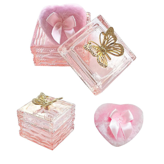 Body Powder Puff and Container - Glass Dusting Powder Container with Soft Puffs Vintage Powder Puff Case for Women & Girls (3.23x3.23x2.95 H IN) - GRB016-Pink