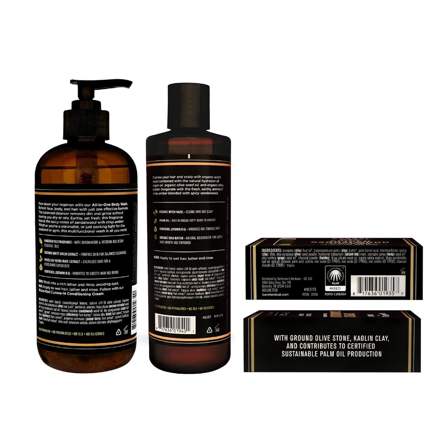 Barrel and Oak - Spiced Sandalwood Body Care Set, Fragrant Sea Salt & Amber Scent, Rich in Essential Oils, Hydrating Formulas, Rich Texture, No Parabens or Phthalates, Certified Organic (3-Pack Set)