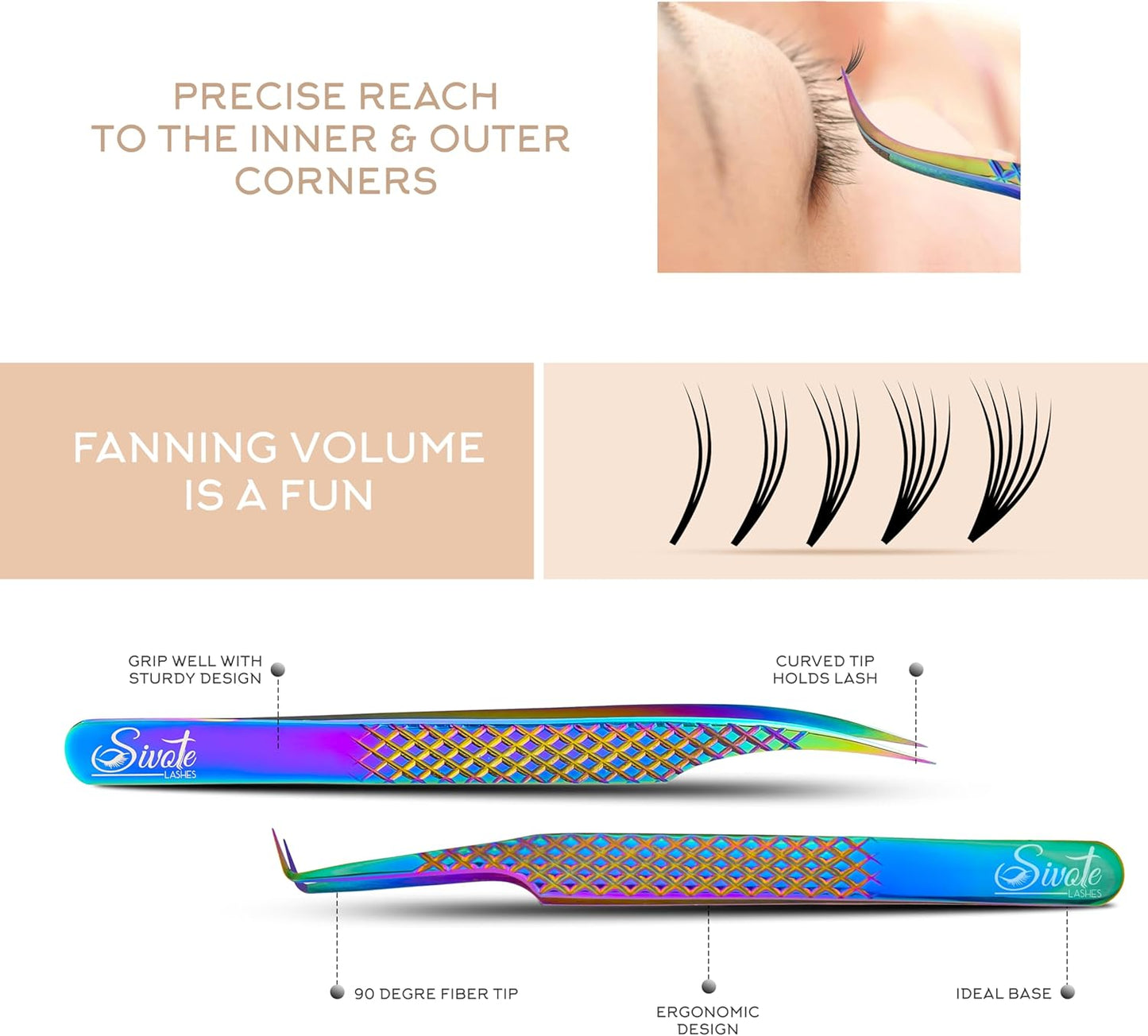 SIVOTE Eyelash Extension Tweezers Fiber Tips Japanese Steel, Set of 6 – Curved, Dolphin, 90° 45° Volume Boot & Slight Curved Tweezer – Professional Lash Tweezers for Lash Extensions Rainbow