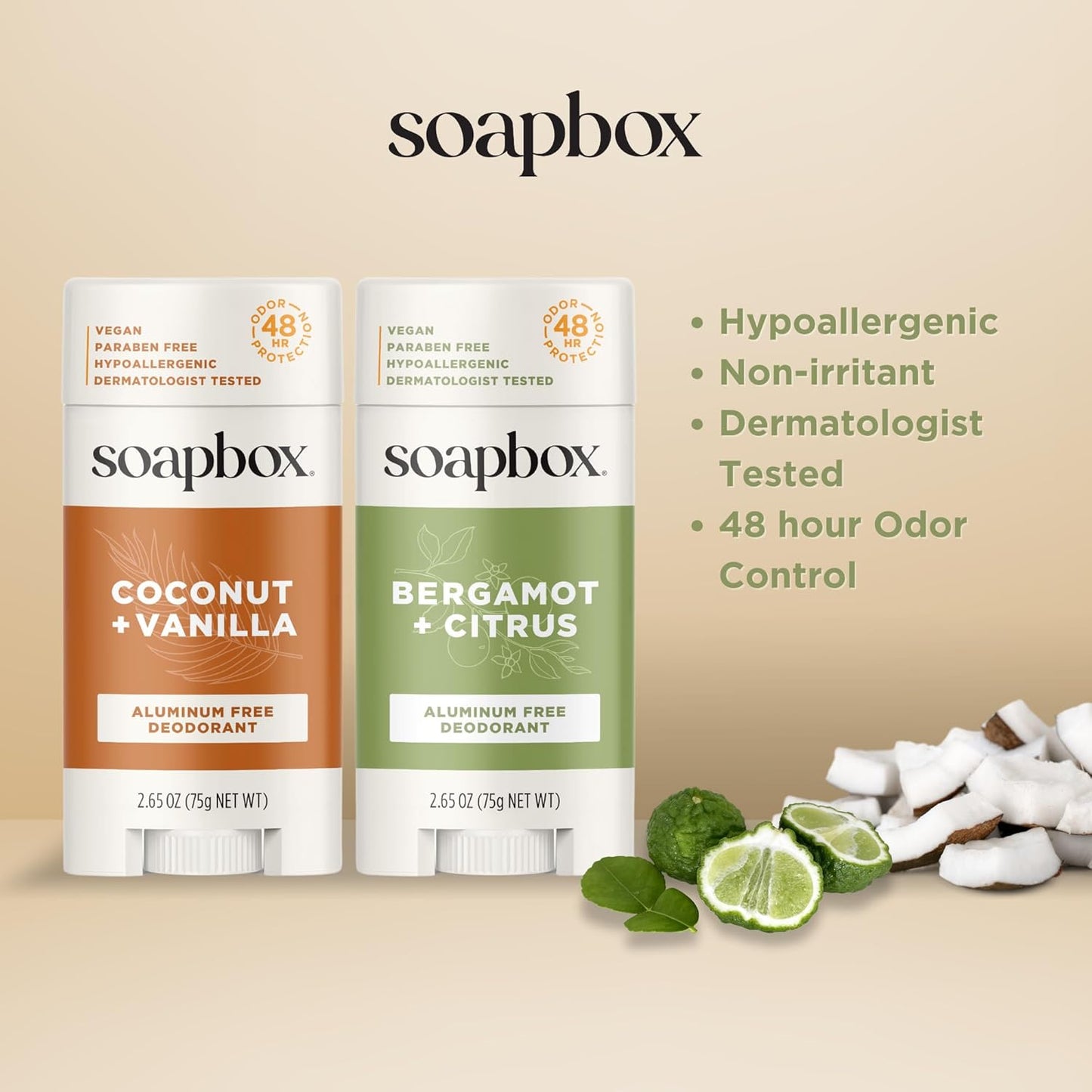 Soapbox Aluminum Free Deodorant, 2 Pack Bergamot & Citrus and Coconut & Vanilla Scented Deodorant, Scented Aluminum-Free Natural Deodorants, 2.65oz