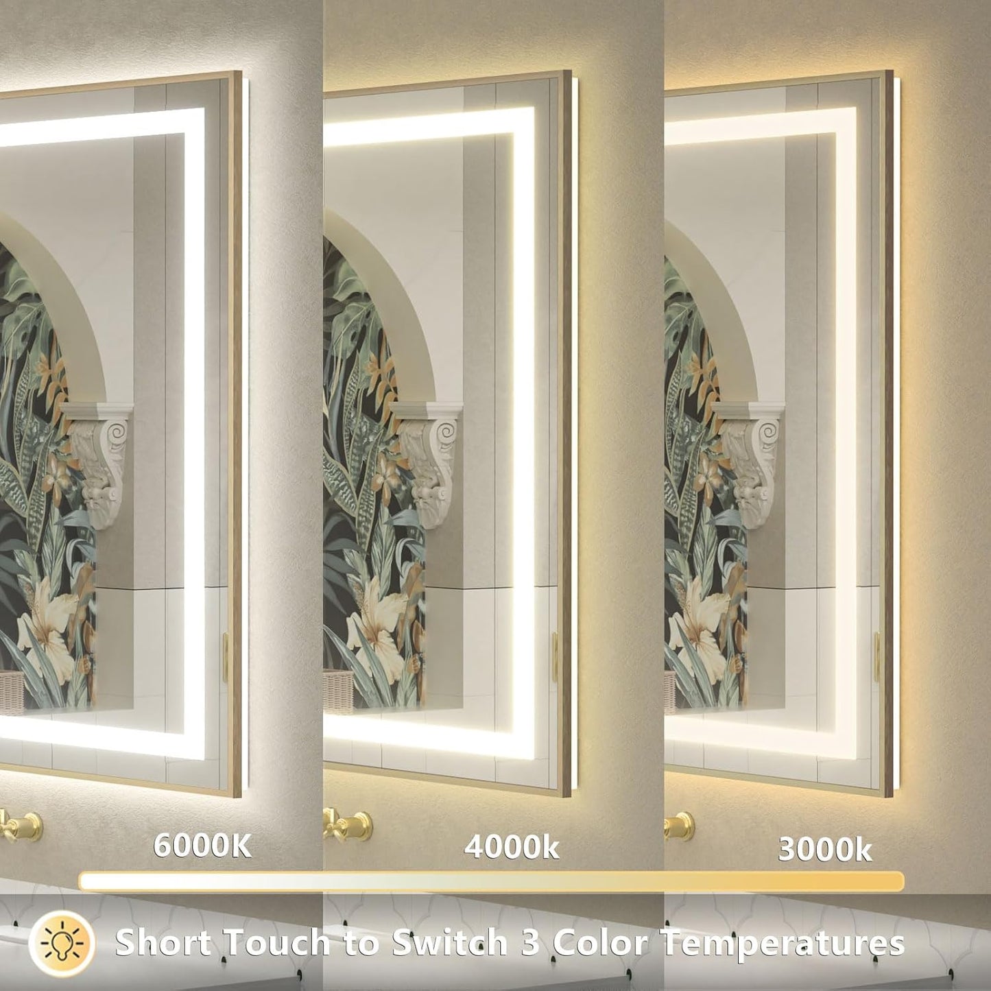 OKPAL 48x30 Gold LED Mirror for Bathroom with Frontlit & Backlit, Metal Framed Lighted Bathroom Mirror with Lights, Anti-Fog, Dimmable 3 Colors, Shatterproof, Horizontal/Vertical