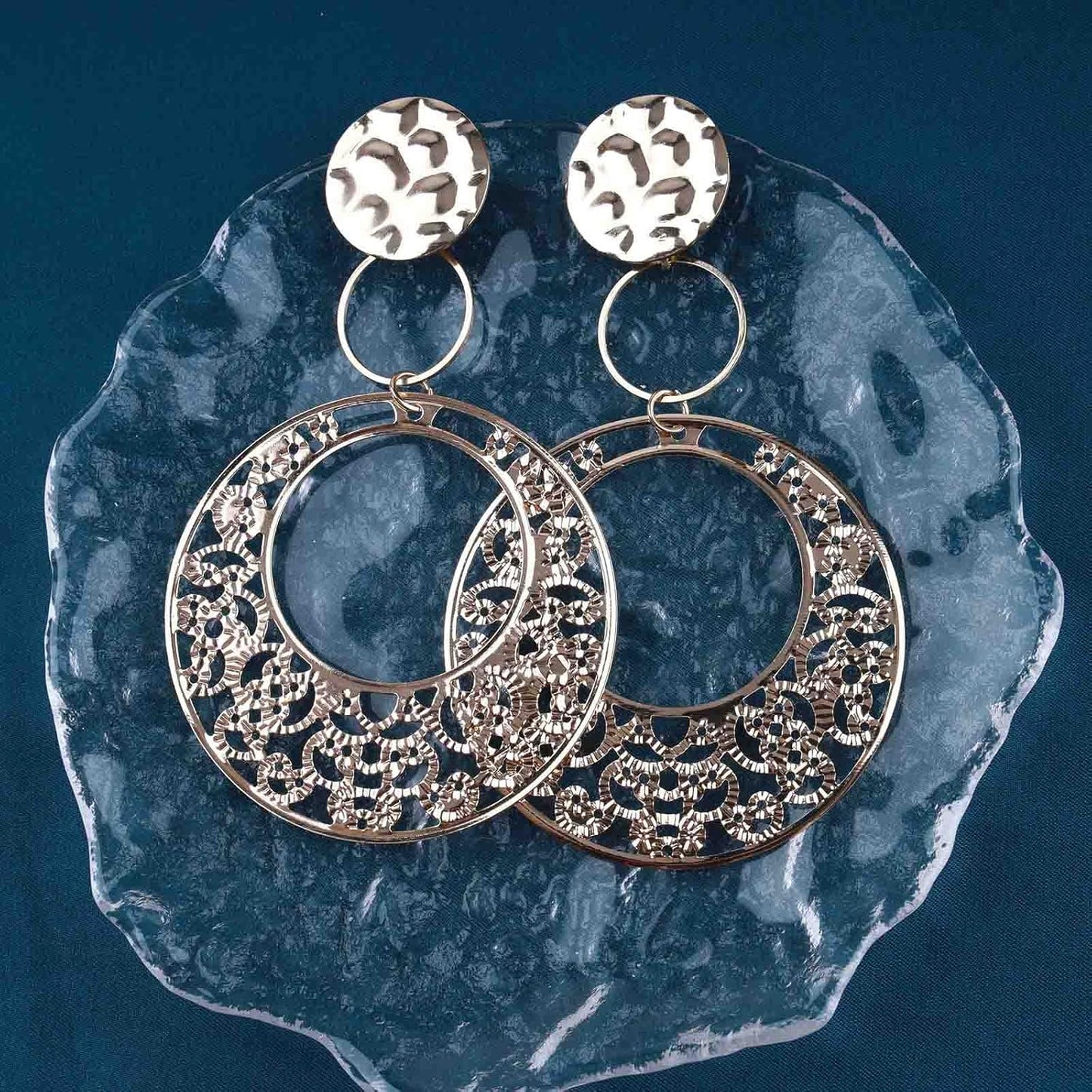 Boho Large Filigree Disc Dangle Earrings Stud Vintage Tribal Ethnic Hollow Carved Earrings Gold Geometric Floral Hoop Drop Earrings Statement Wedding Prom Earrings Jewelry for Women Girls