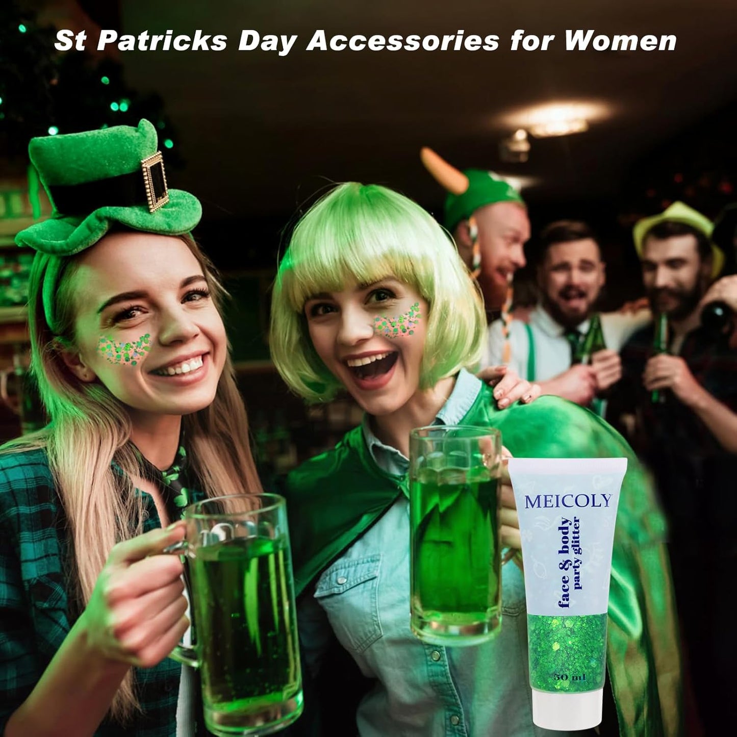 MEICOLY Green Face Body Glitter,St Patricks Day Accessories,Green Face Paint Glitter Gel Chunky Makeup,Sparkling Festival Rave Outfits for Women,Saint Patrick's Day Hair Alien Glitter