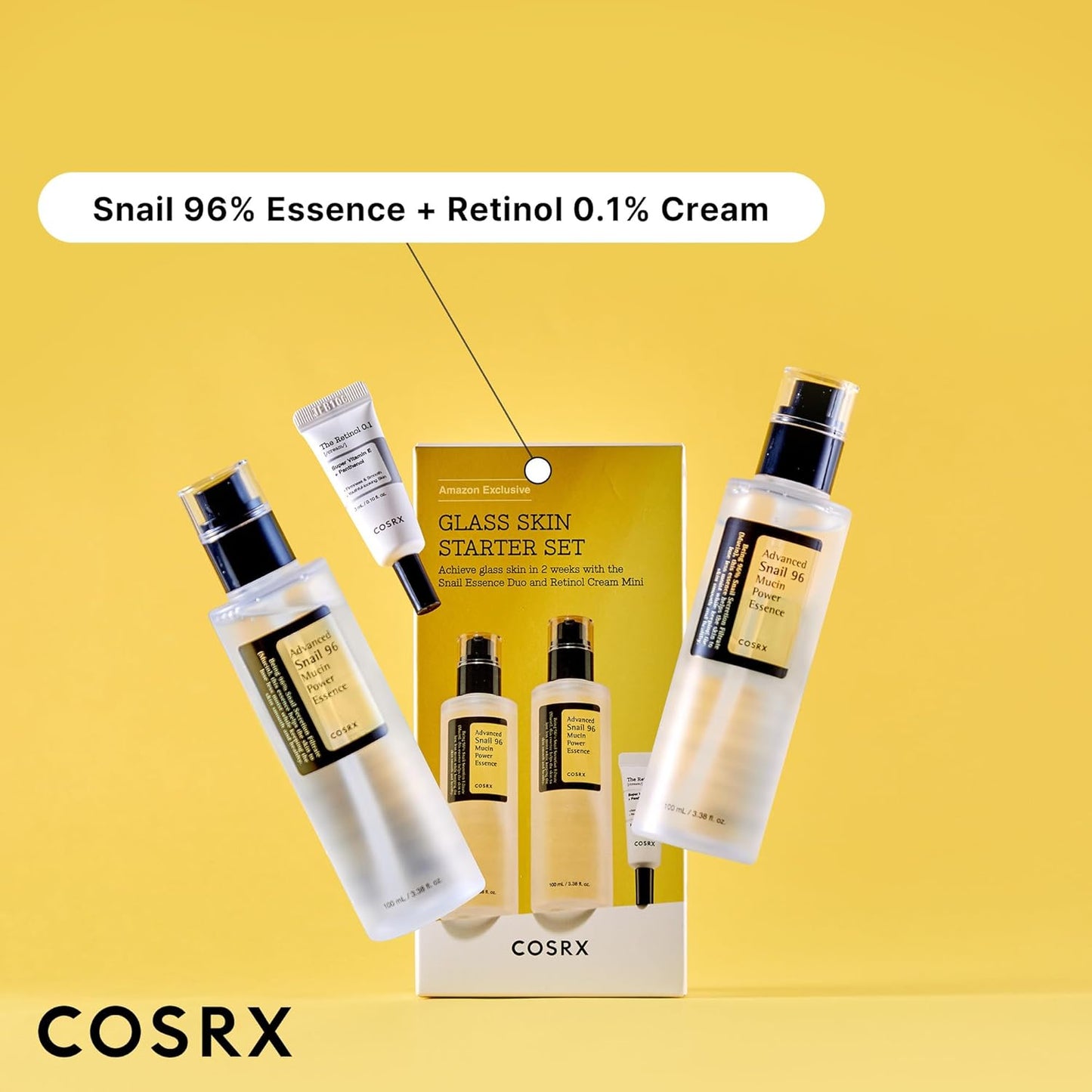 COSRX Glass Skin Korean Skincare Set- Advanced 96% Snail Mucin Serum (3.38fl oz * 2pcs) & Mini Sized 0.1% Retinol Cream for Face (0.1oz)- Korean Skin Care Gift Set, Anti Aging Set