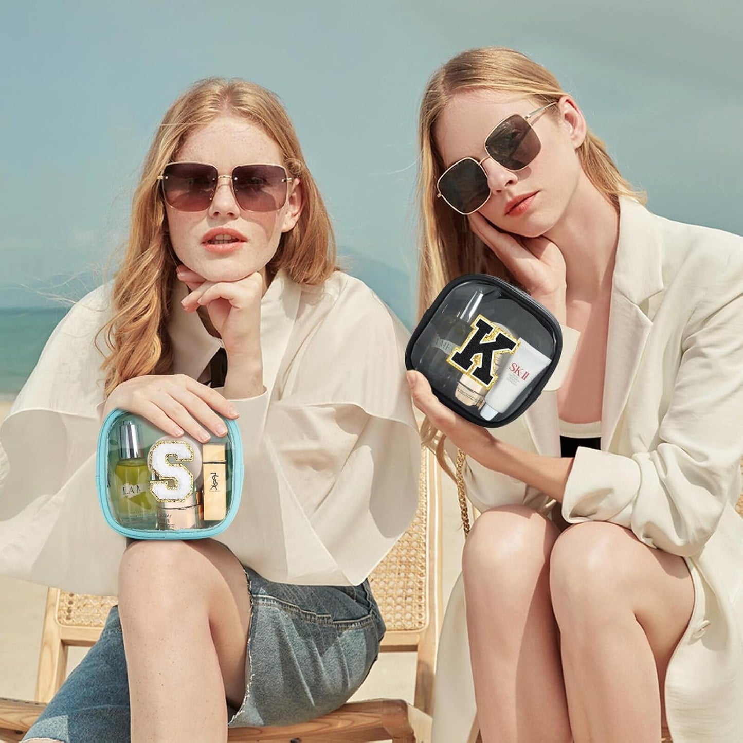 YOOLIFE Initial Make Up Bag Travel Toiletry Bag, Clear Makeup Bag Preppy Cosmetic Bags Organizer Travel Essentials Gifts for Women Teen Girlfriend Teacher Mom Birthday Mothers Day Gifts Mini Blue R