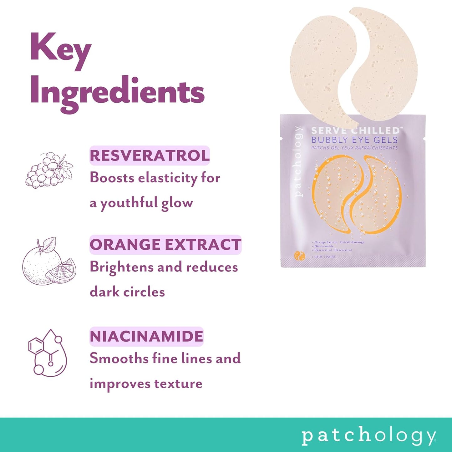 Patchology Serve Chilled Bubbly Eye Gels with Niacinamide, Hydrating Under Eye Patches with Niacinamide and Vitamin C, Under Eye Gel Pads with Gel Technology, Facial Skin Care Products - 5 Pairs